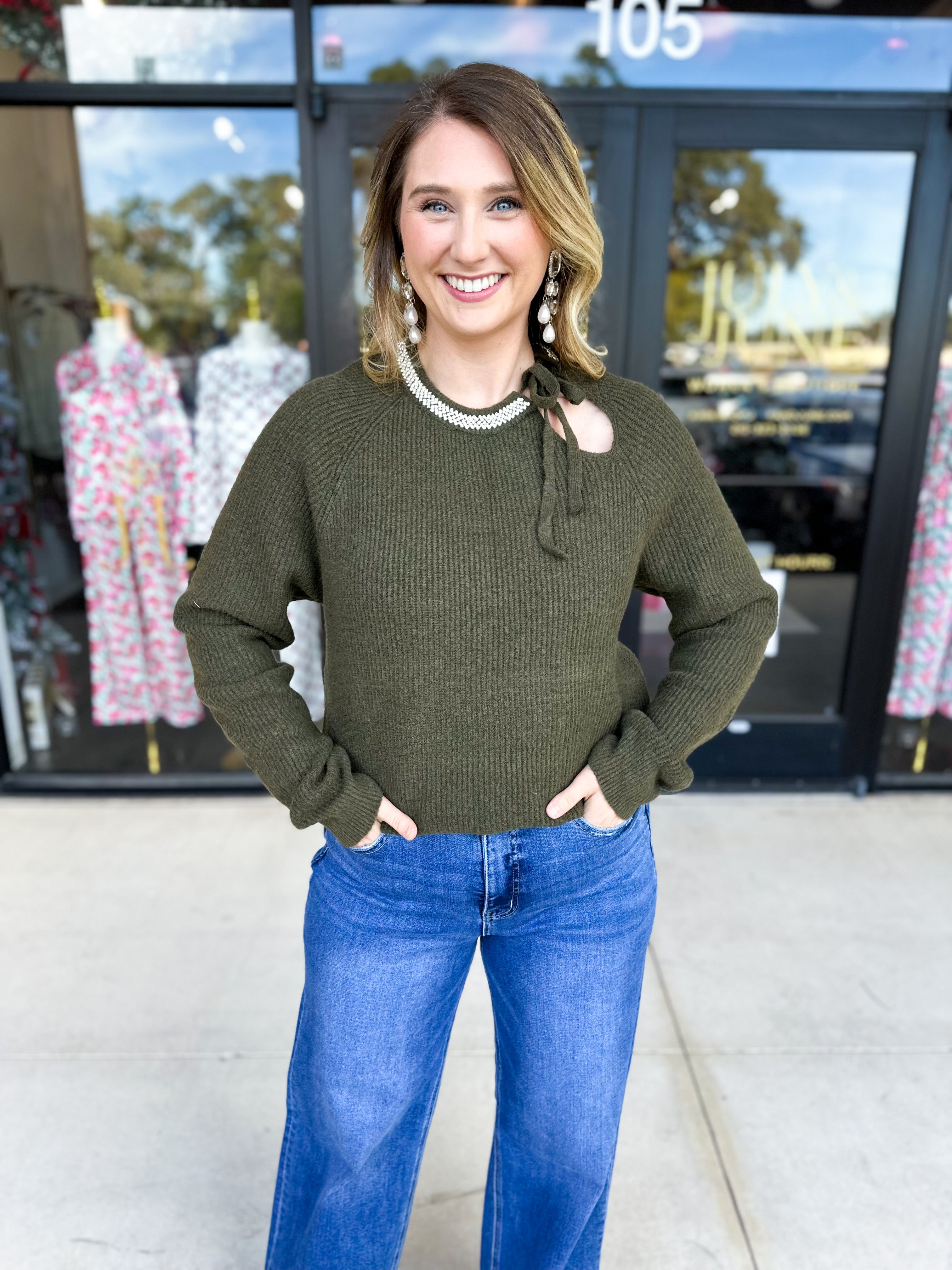 THML - The Chloe Rhinestone Detail Sweater-230 Sweaters/Cardis-THML-July & June Women's Fashion Boutique Located in San Antonio, Texas