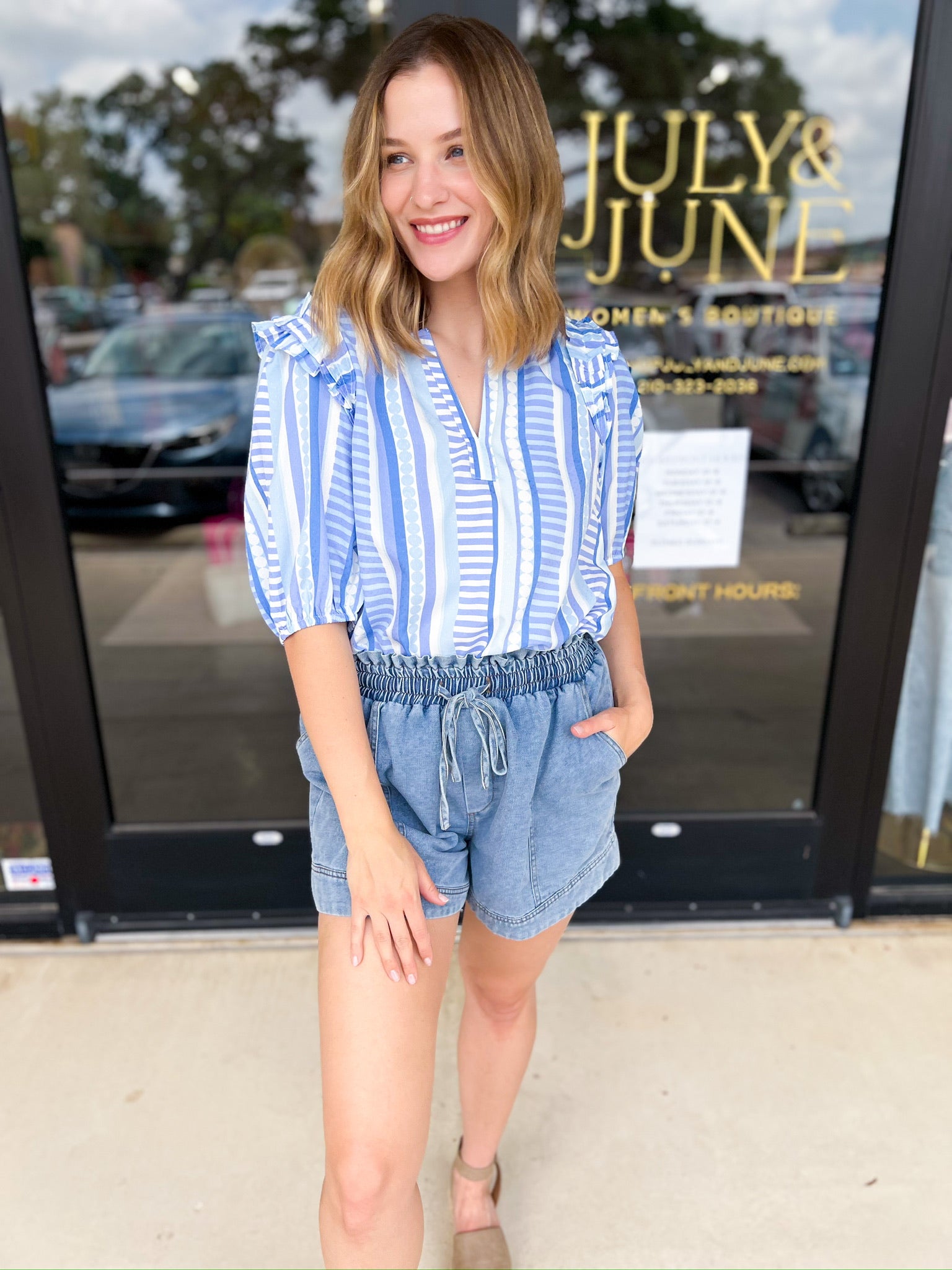 Mary Square - Blue Skylar Blouse-200 Fashion Blouses-MARY SQUARE-July & June Women's Fashion Boutique Located in San Antonio, Texas