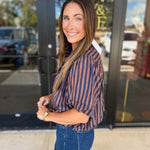 Coffee Date Blouse - Navy & Espresso-200 Fashion Blouses-ENTRO-July & June Women's Fashion Boutique Located in San Antonio, Texas