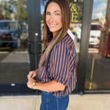 Coffee Date Blouse - Navy & Espresso-200 Fashion Blouses-ENTRO-July & June Women's Fashion Boutique Located in San Antonio, Texas