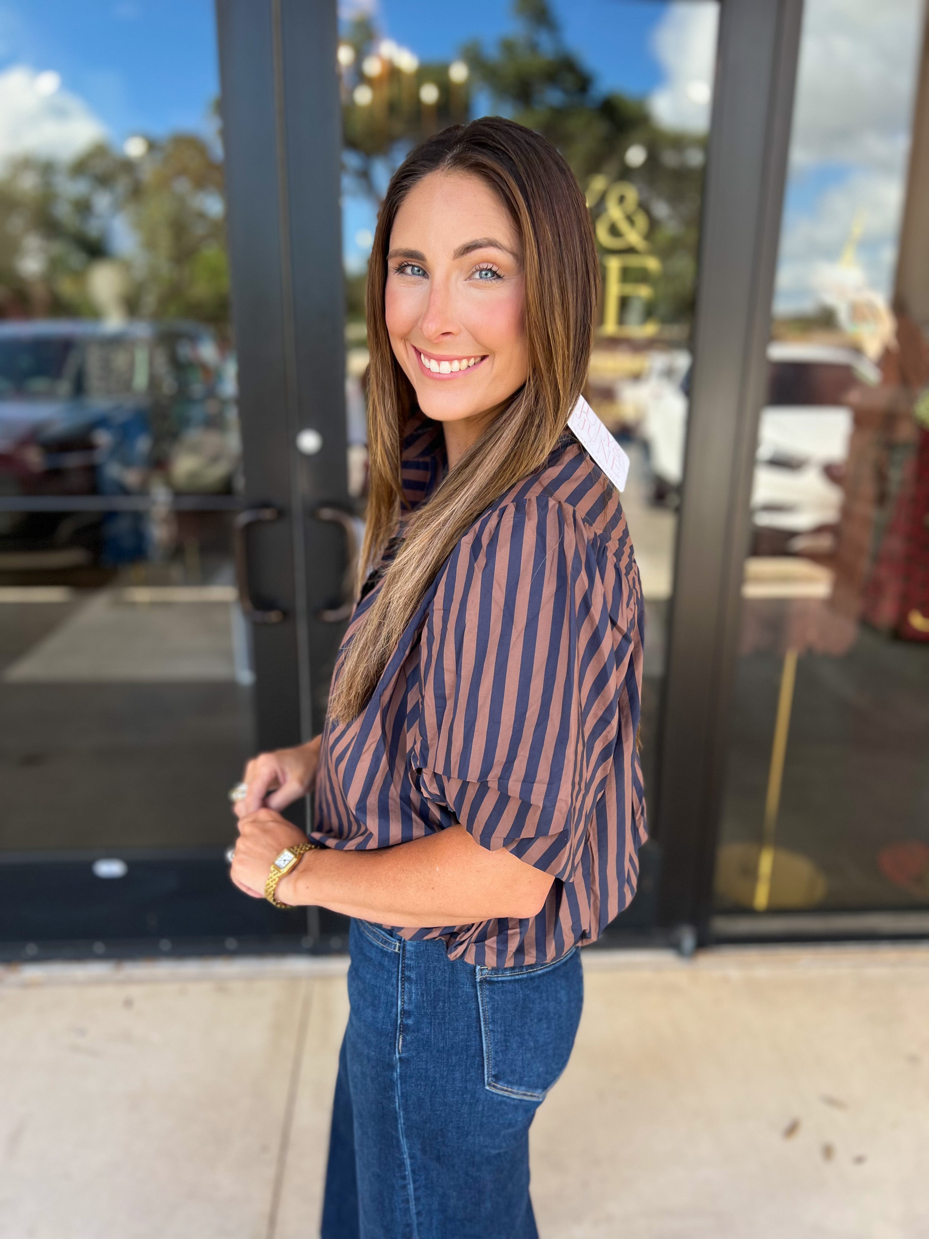 Coffee Date Blouse - Navy & Espresso-200 Fashion Blouses-ENTRO-July & June Women's Fashion Boutique Located in San Antonio, Texas