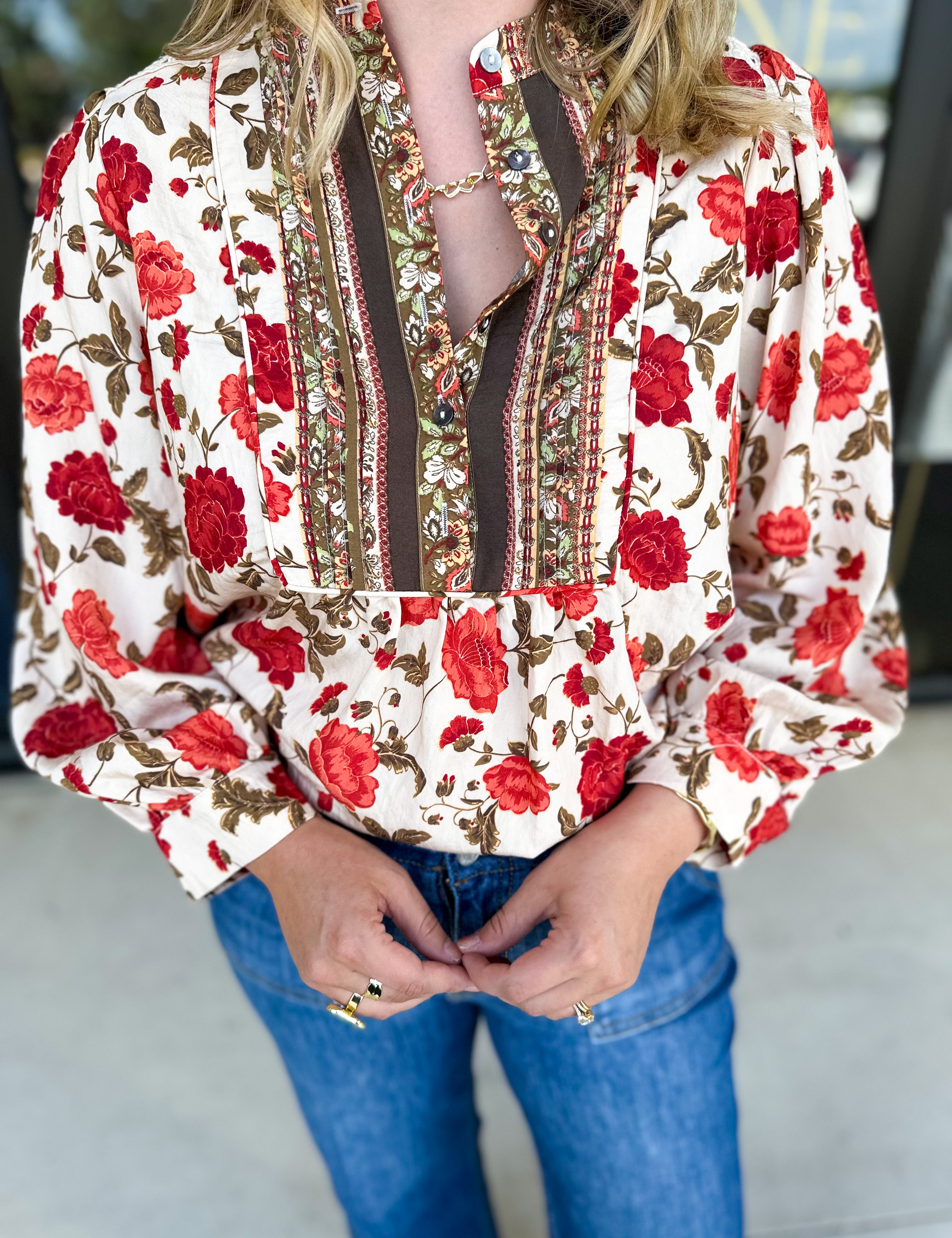 Autumn Floral Blouse-200 Fashion Blouses-ENTRO-July & June Women's Fashion Boutique Located in San Antonio, Texas