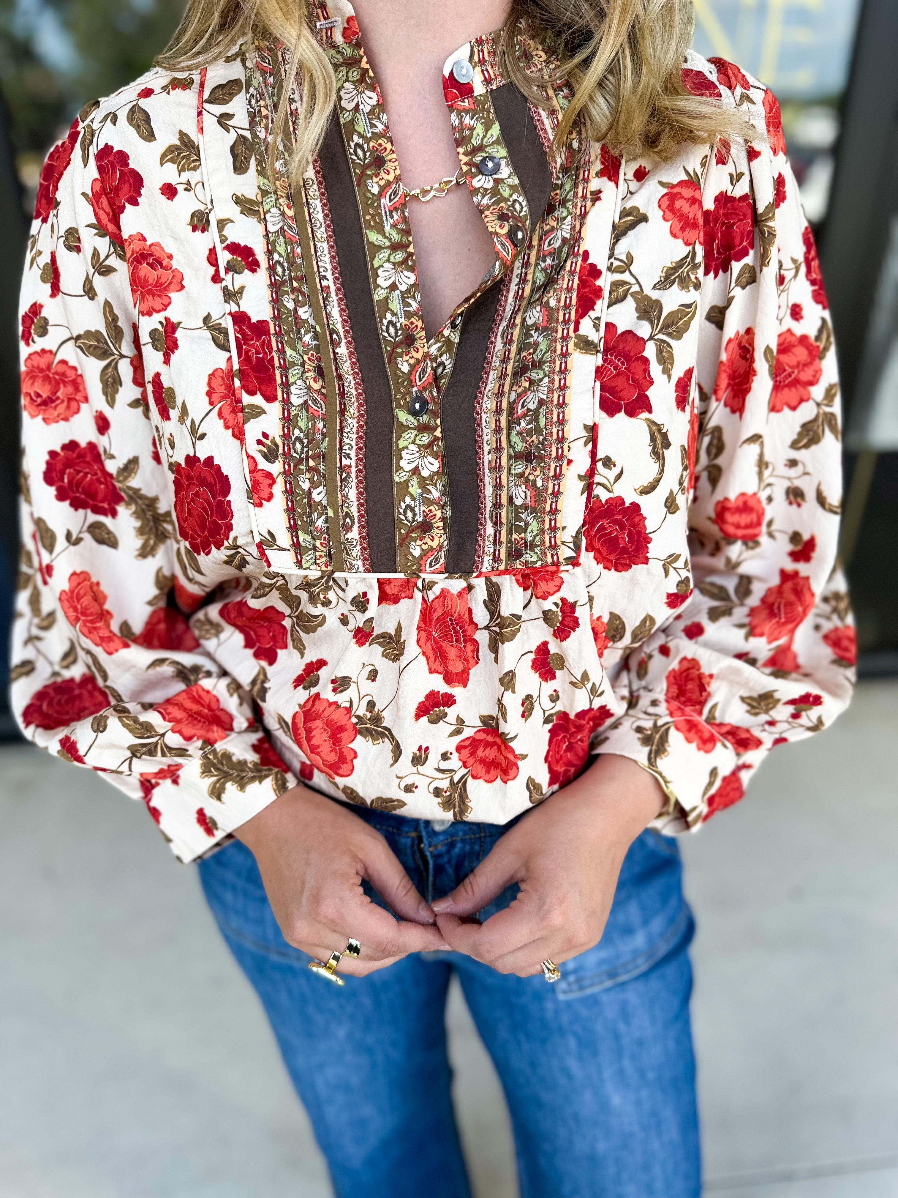 Autumn Floral Blouse-200 Fashion Blouses-ENTRO-July & June Women's Fashion Boutique Located in San Antonio, Texas