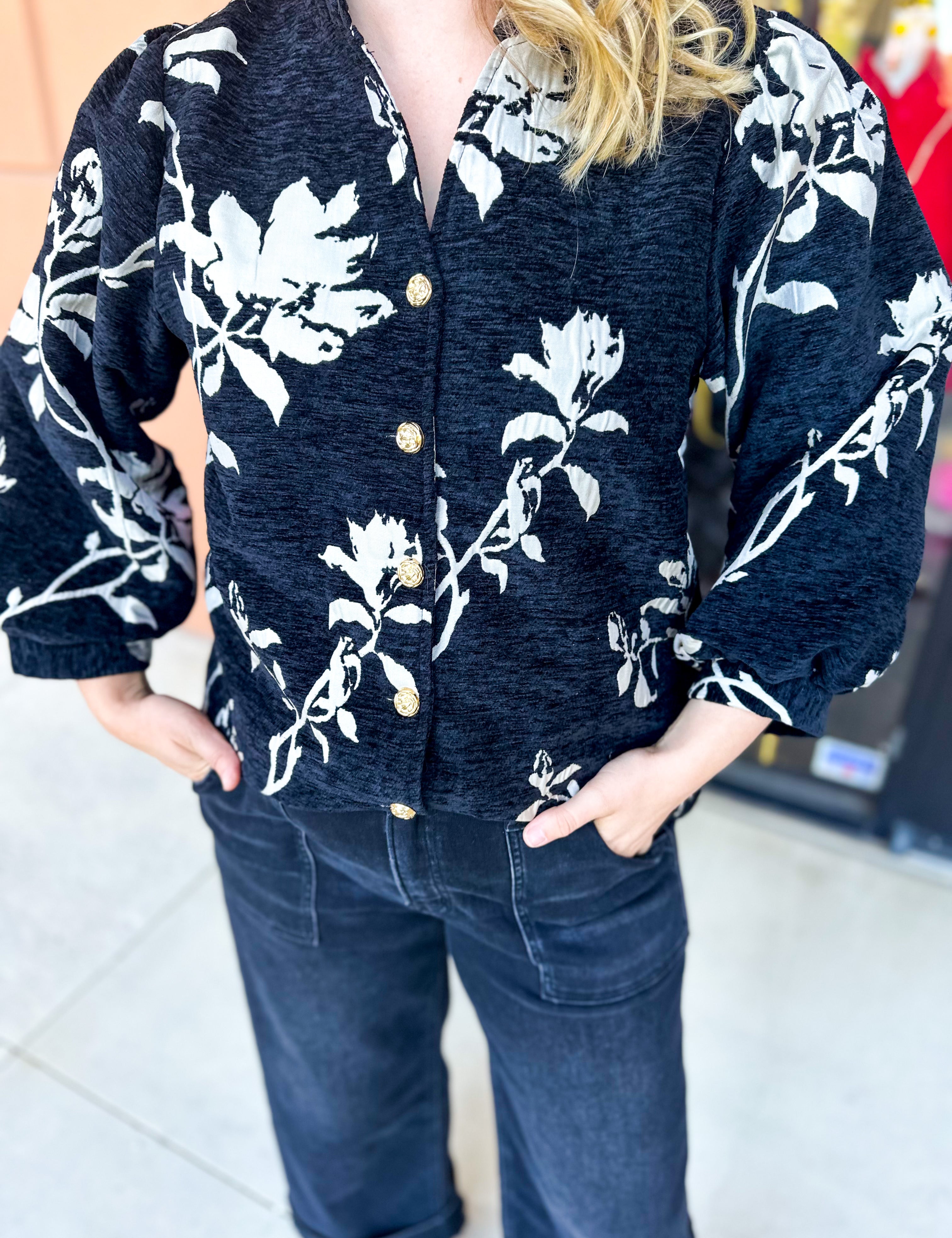 Ivory & Black Floral Blouse-200 Fashion Blouses-JODIFL-July & June Women's Fashion Boutique Located in San Antonio, Texas