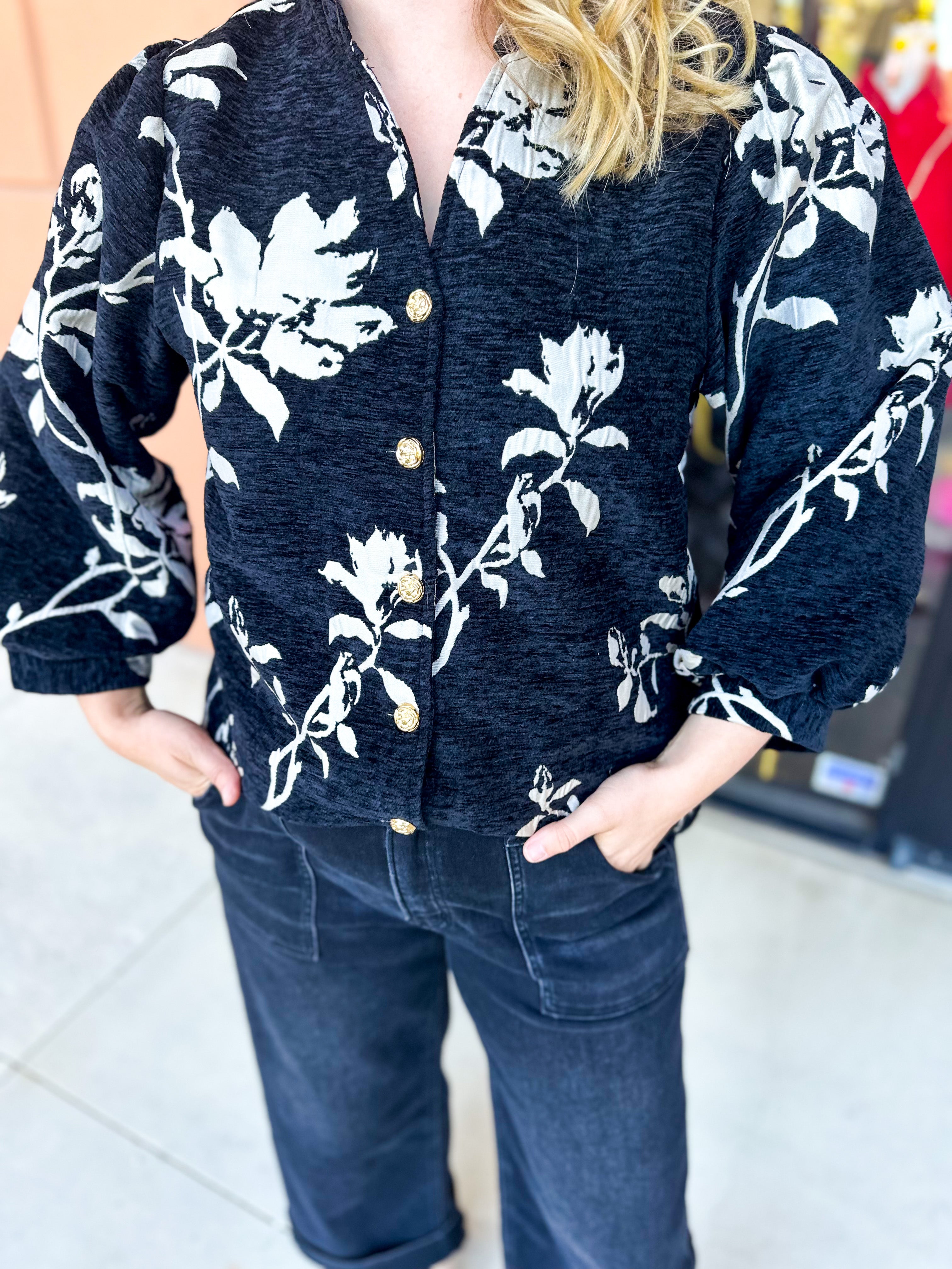Ivory & Black Floral Blouse-200 Fashion Blouses-JODIFL-July & June Women's Fashion Boutique Located in San Antonio, Texas