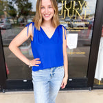 Elevated Shoulder Tie Tank- Cobalt Blue-200 Fashion Blouses-SKIES ARE BLUE-July & June Women's Fashion Boutique Located in San Antonio, Texas