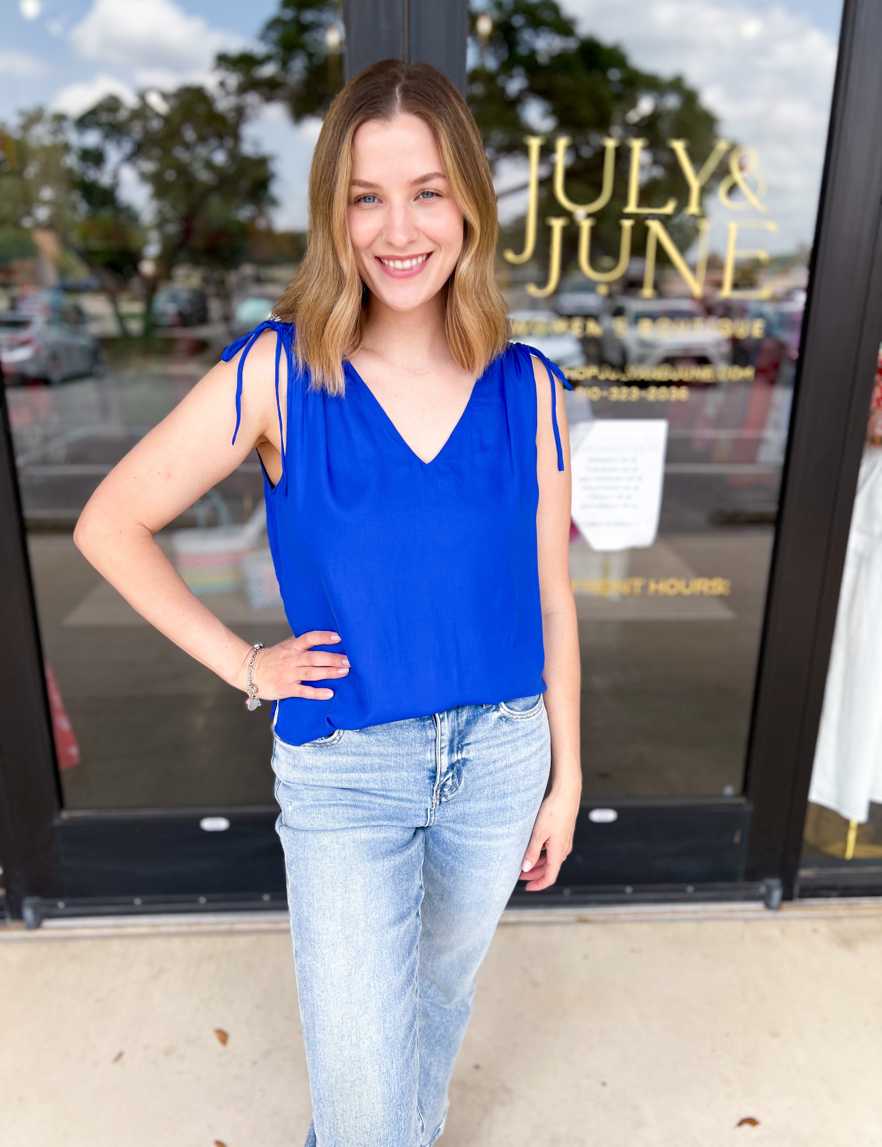 Elevated Shoulder Tie Tank- Cobalt Blue-200 Fashion Blouses-SKIES ARE BLUE-July & June Women's Fashion Boutique Located in San Antonio, Texas