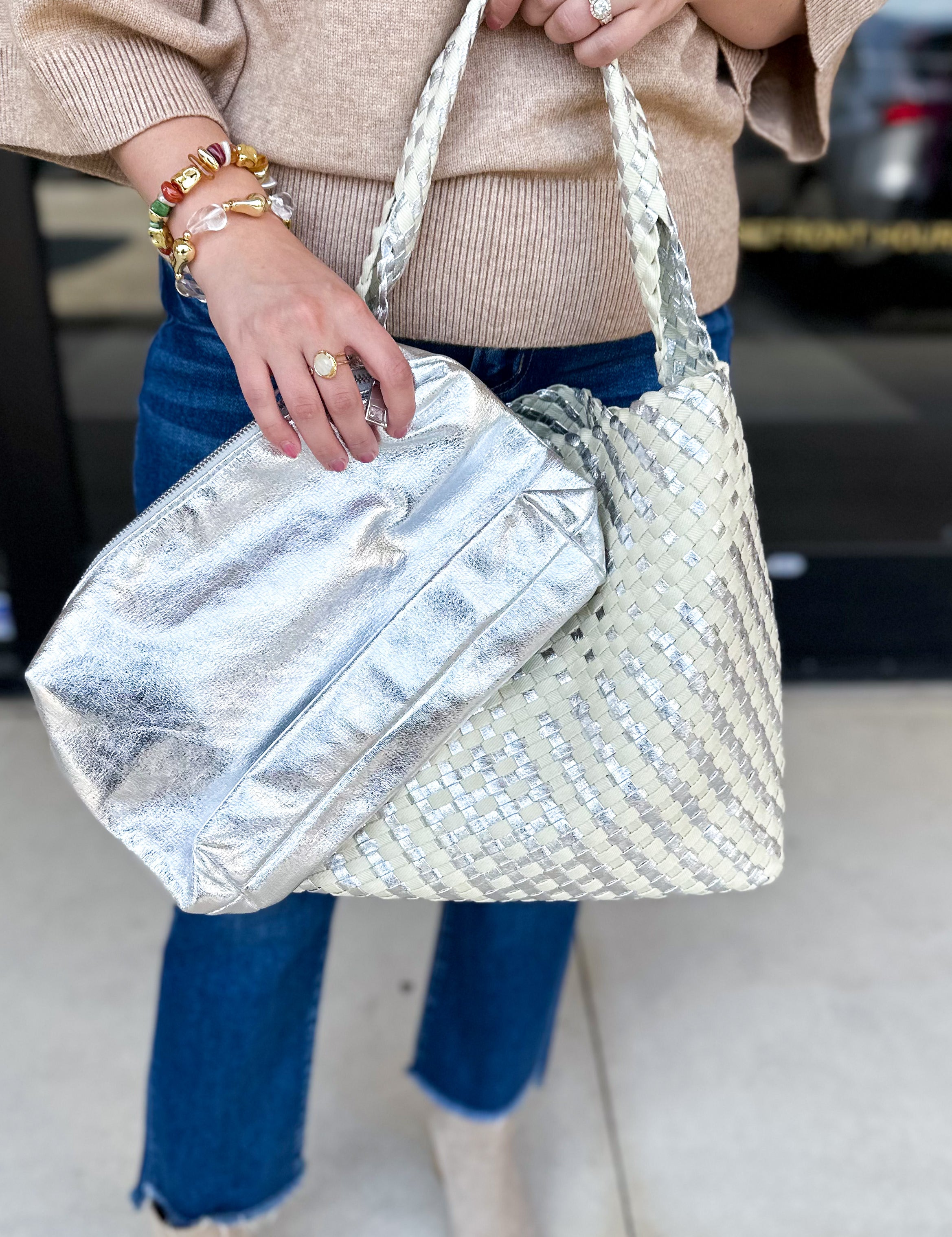 Ellery Mixed Woven Hobo Bag - Silver-130 ACCESSORIES-Moda Luxe-July & June Women's Fashion Boutique Located in San Antonio, Texas