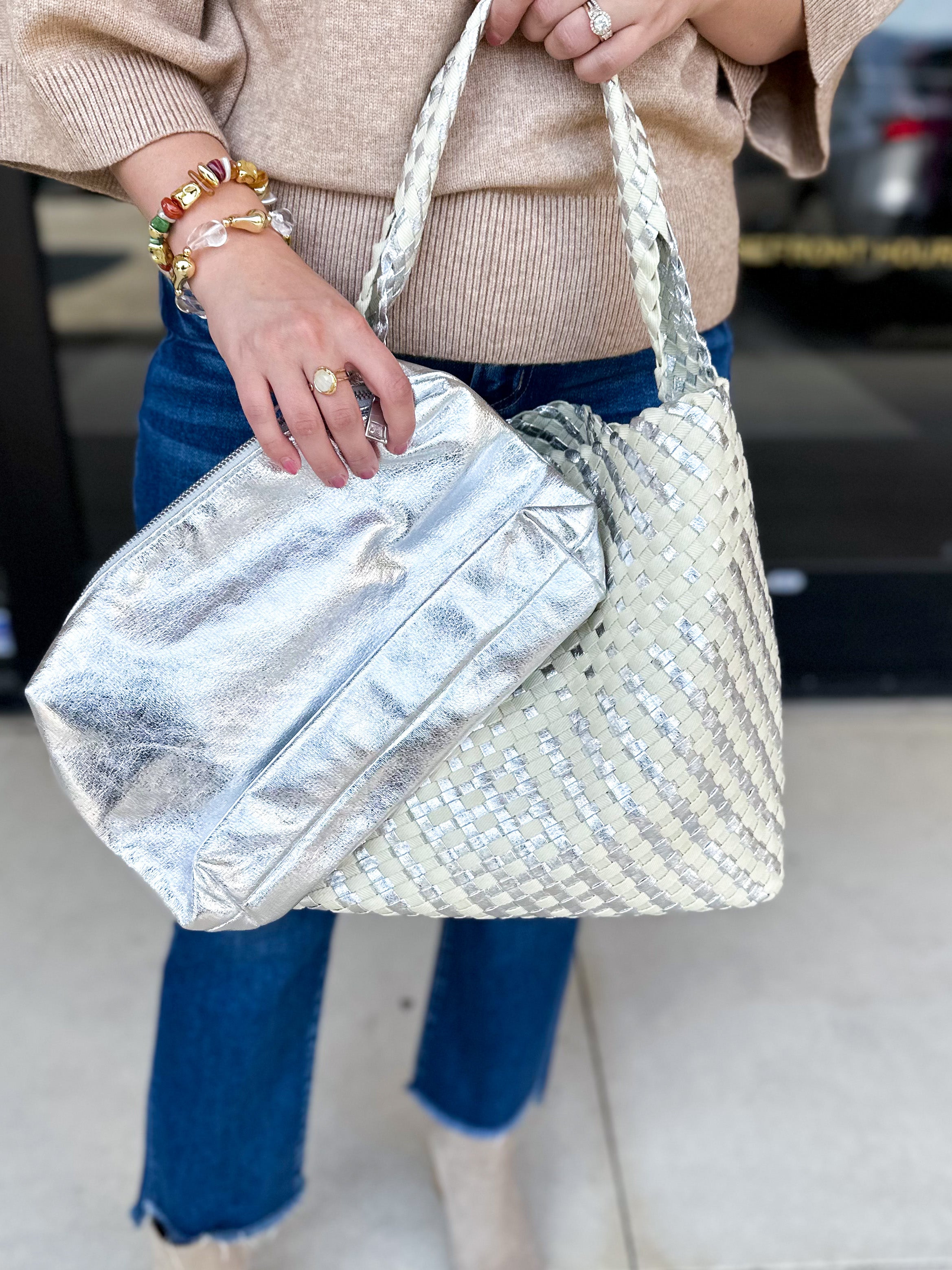 Ellery Mixed Woven Hobo Bag - Silver-130 ACCESSORIES-Moda Luxe-July & June Women's Fashion Boutique Located in San Antonio, Texas