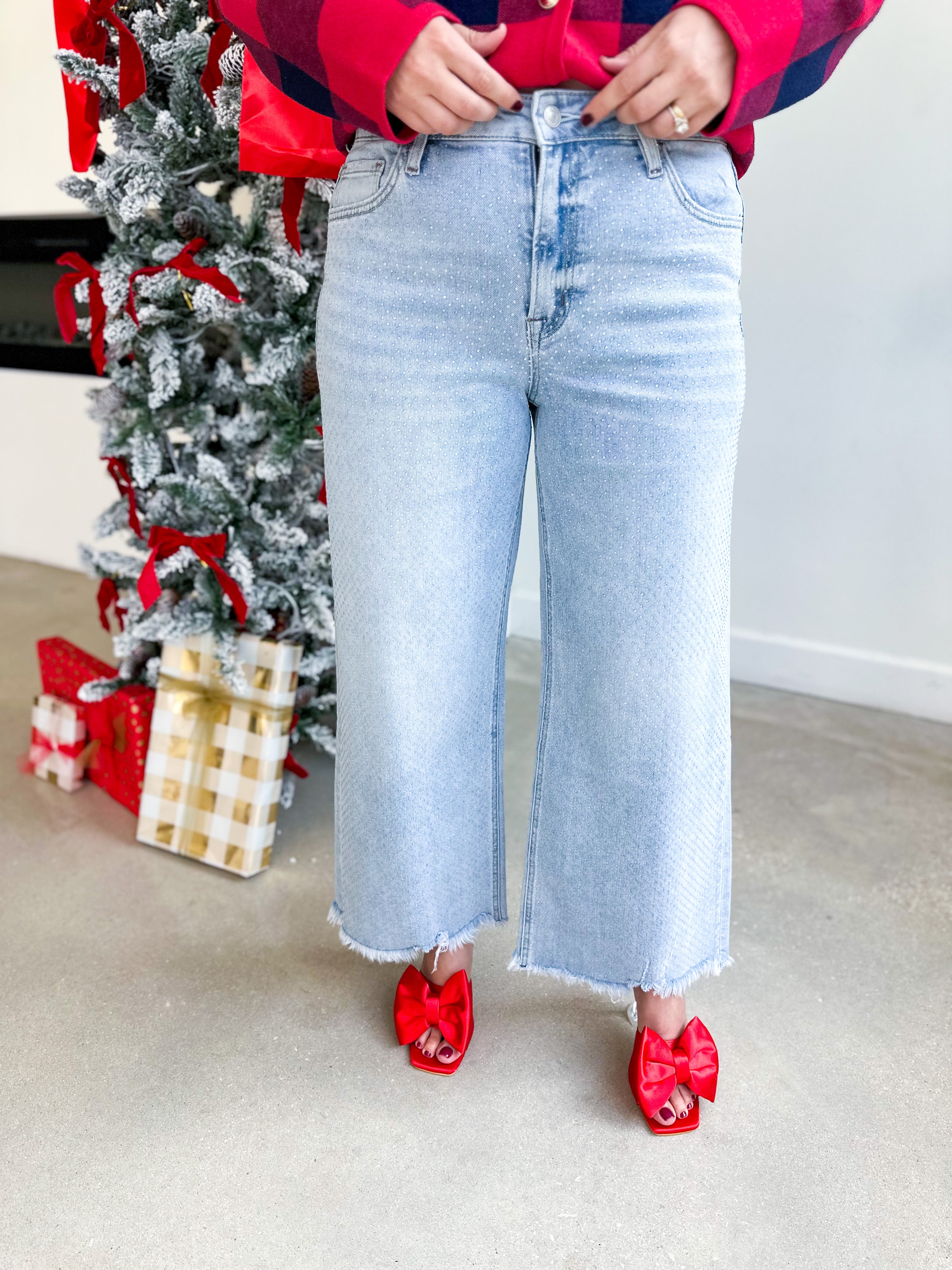 Vervet - High Rise Rhinestone Wide Leg Jeans-400 Pants-VEVERT BY FLYING MONKEY-July & June Women's Fashion Boutique Located in San Antonio, Texas