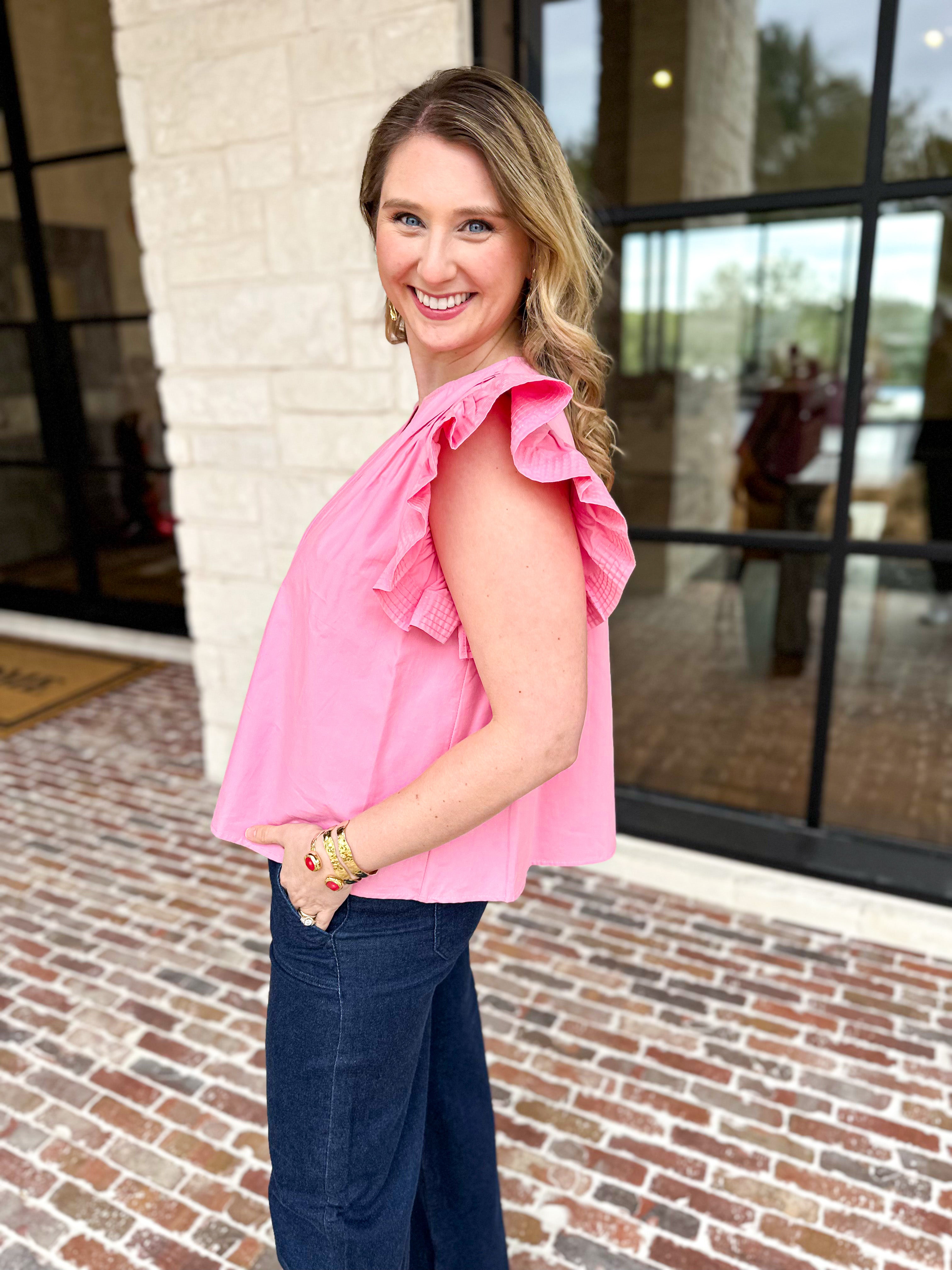 Flutter Sleeve Poplin Blouse - Pink-200 Fashion Blouses-STRUT & BOLT-July & June Women's Fashion Boutique Located in San Antonio, Texas