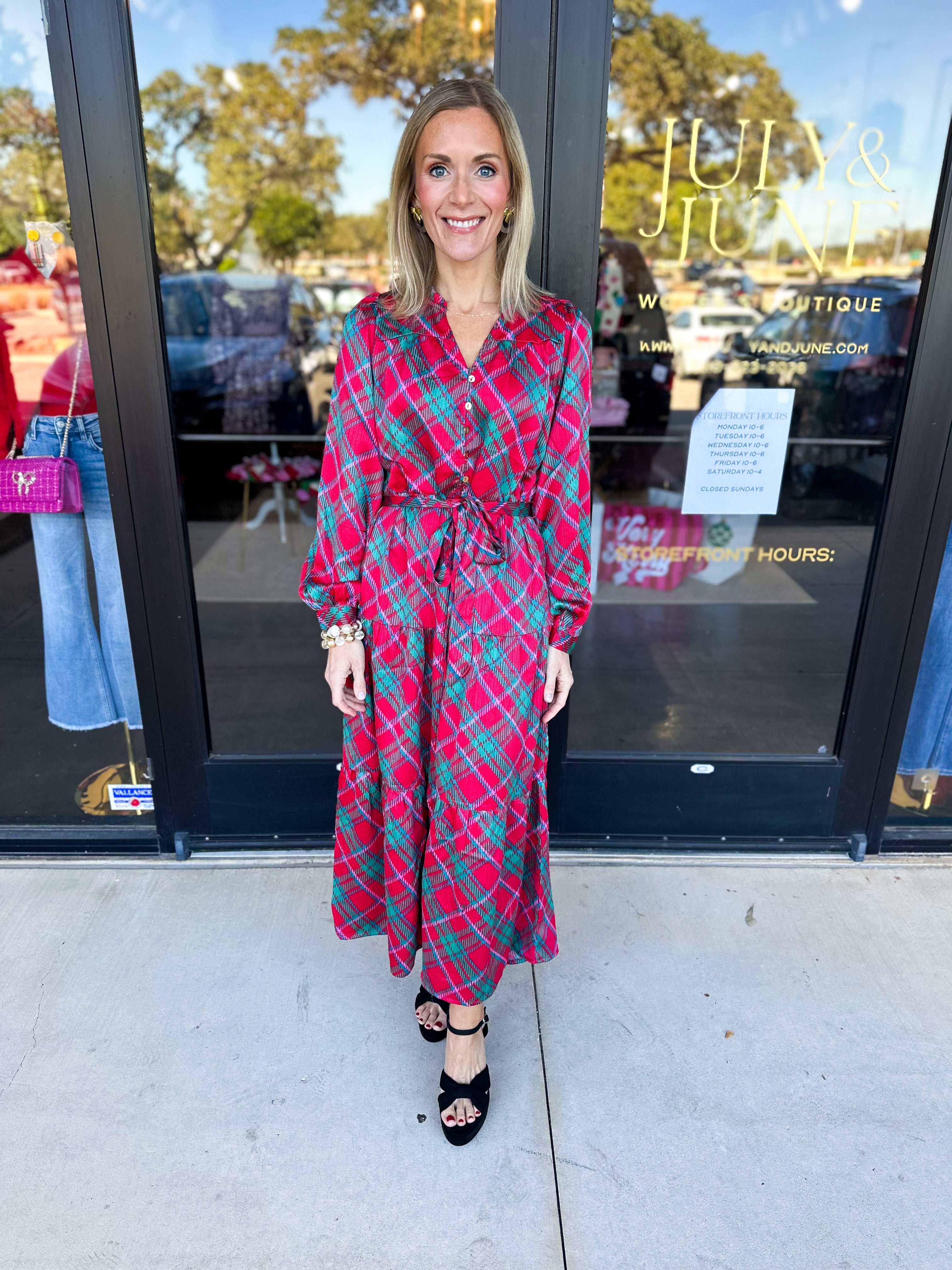Mary Square - Gracelyn Plaid About You Pink Midi Dress-500 Midi-MARY SQUARE-July & June Women's Fashion Boutique Located in San Antonio, Texas