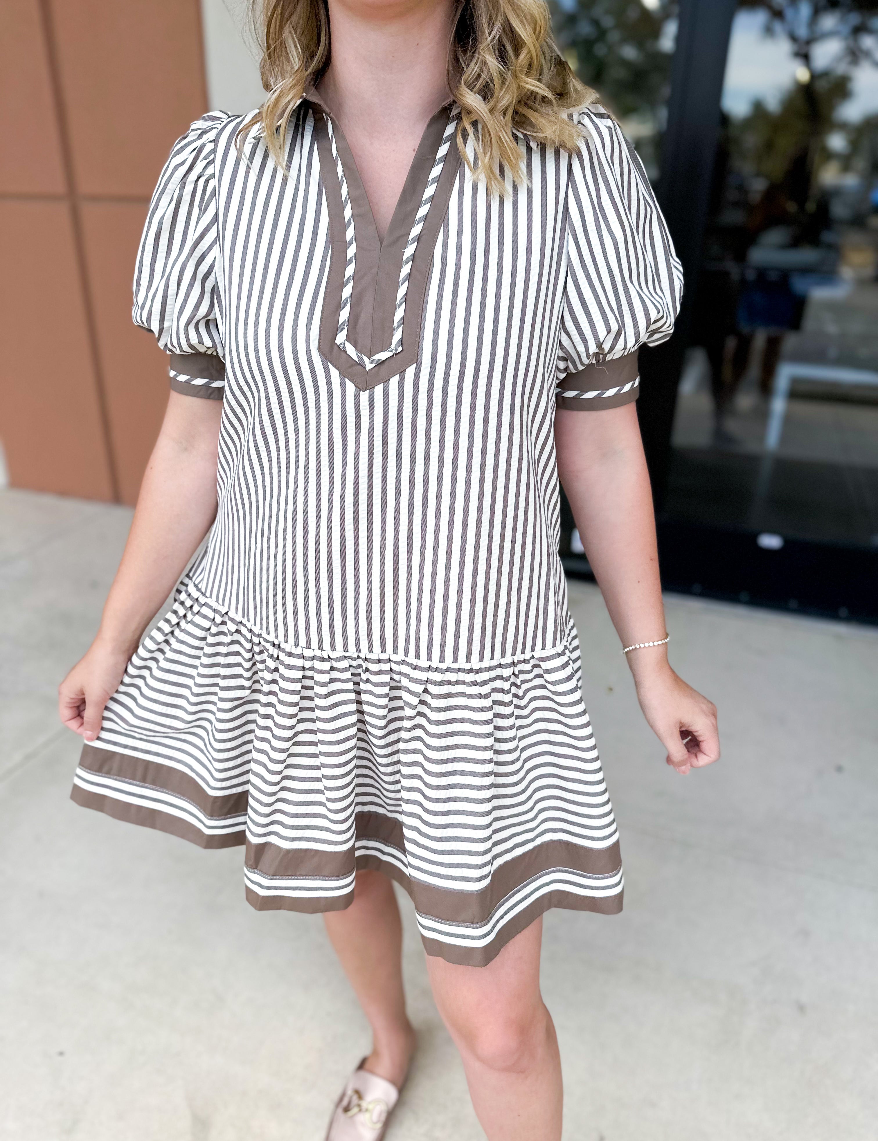 Mocha Stripe Mini Dress-510 Mini-ENTRO-July & June Women's Fashion Boutique Located in San Antonio, Texas