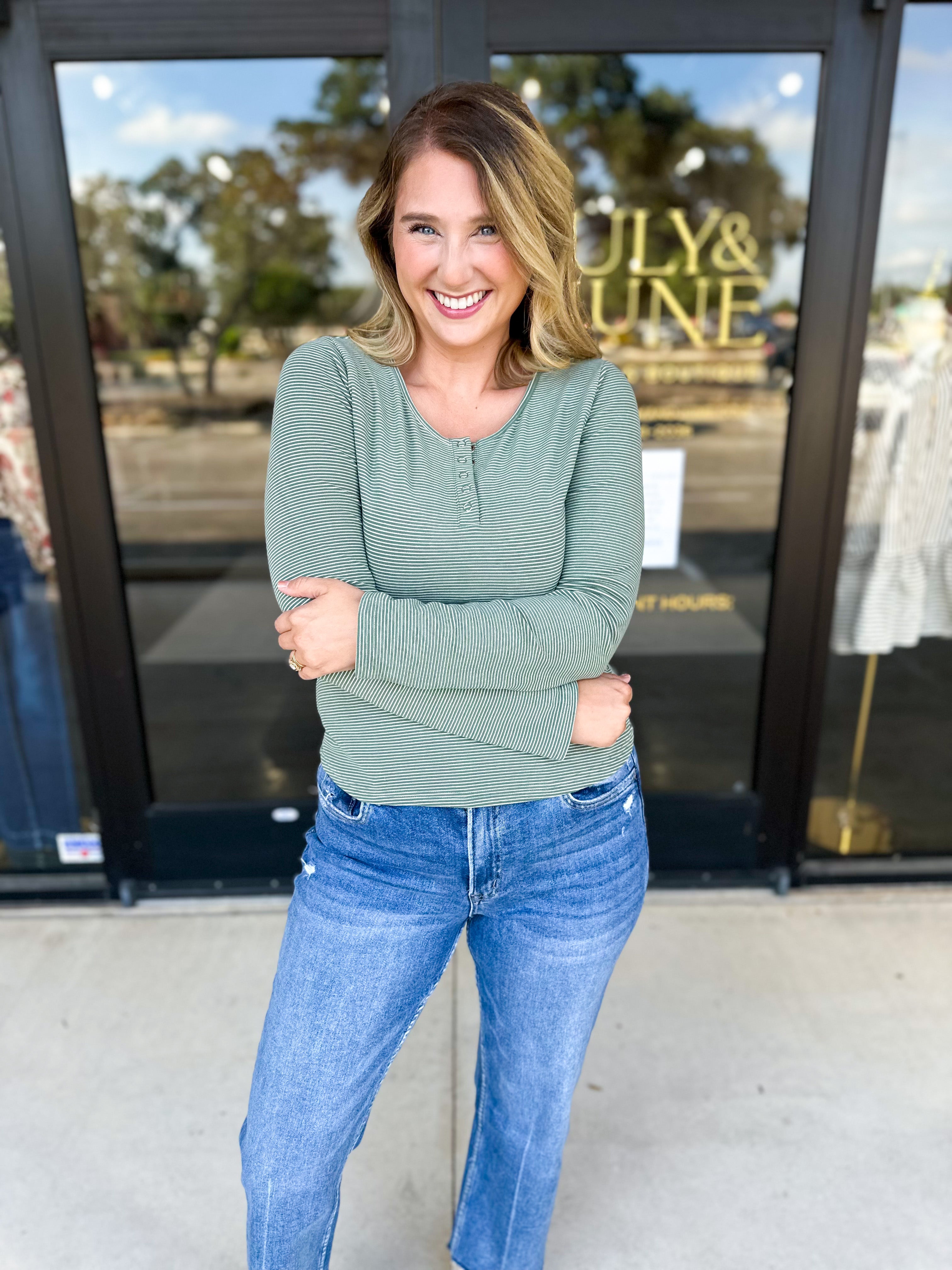 Henley Long Sleeve Basic Top - Olive-210 Casual Blouses-POLOGRAM-July & June Women's Fashion Boutique Located in San Antonio, Texas