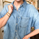 Short Sleeve Boxy Denim Button Down - Light Wash-200 Fashion Blouses-BLUIVY-July & June Women's Fashion Boutique Located in San Antonio, Texas