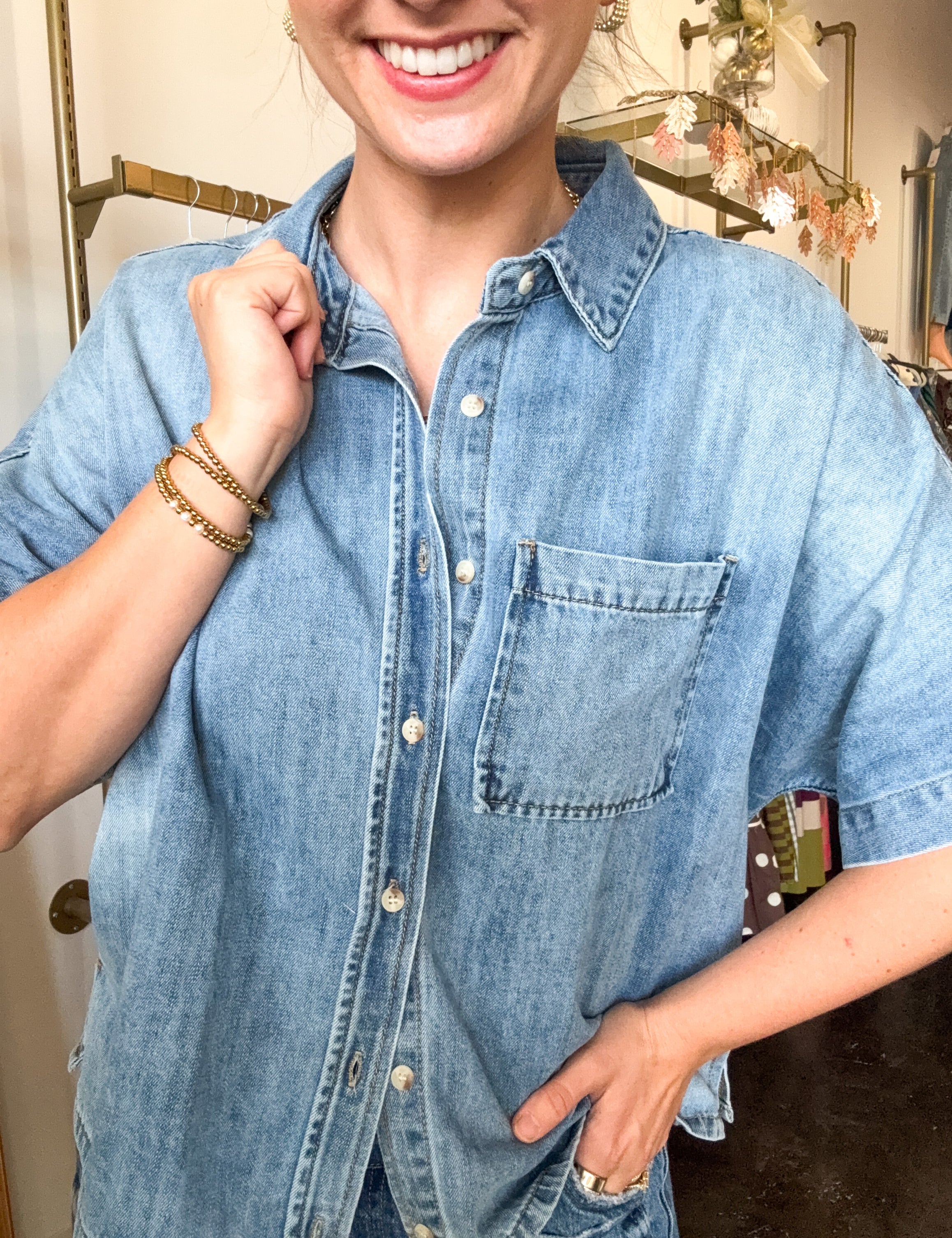 Short Sleeve Boxy Denim Button Down - Light Wash-200 Fashion Blouses-BLUIVY-July & June Women's Fashion Boutique Located in San Antonio, Texas