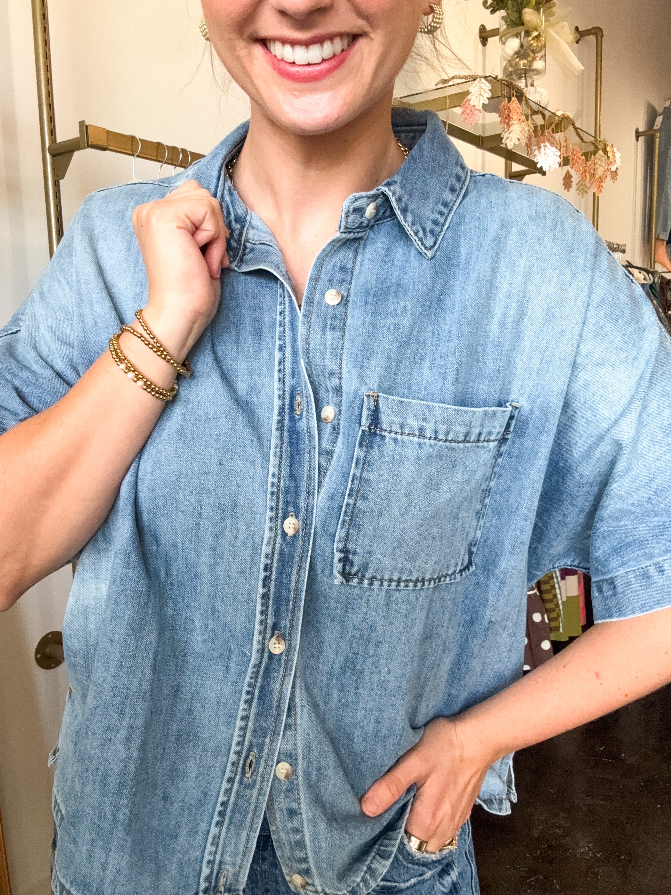 Short Sleeve Boxy Denim Button Down - Light Wash-200 Fashion Blouses-BLUIVY-July & June Women's Fashion Boutique Located in San Antonio, Texas