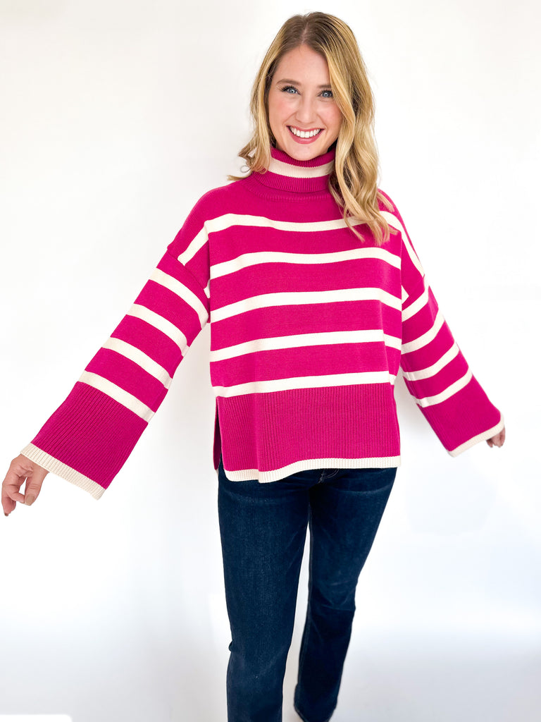 Chic Striped Turtleneck Sweater- Hot Pink-230 Sweaters/Cardis-ENTRO-July & June Women's Fashion Boutique Located in San Antonio, Texas