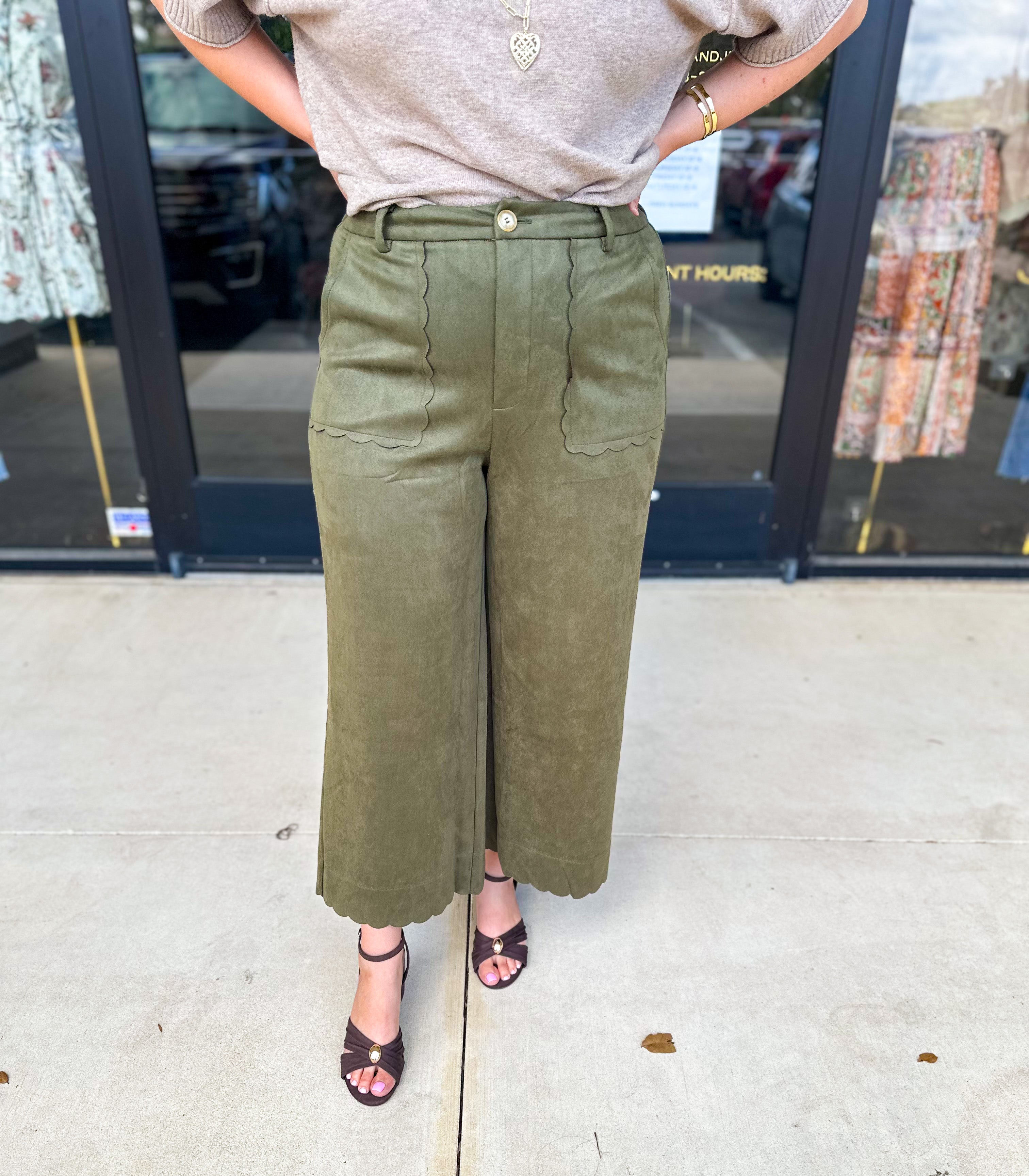Olive Suede Scalloped Pants-400 Pants-JODIFL-July & June Women's Fashion Boutique Located in San Antonio, Texas