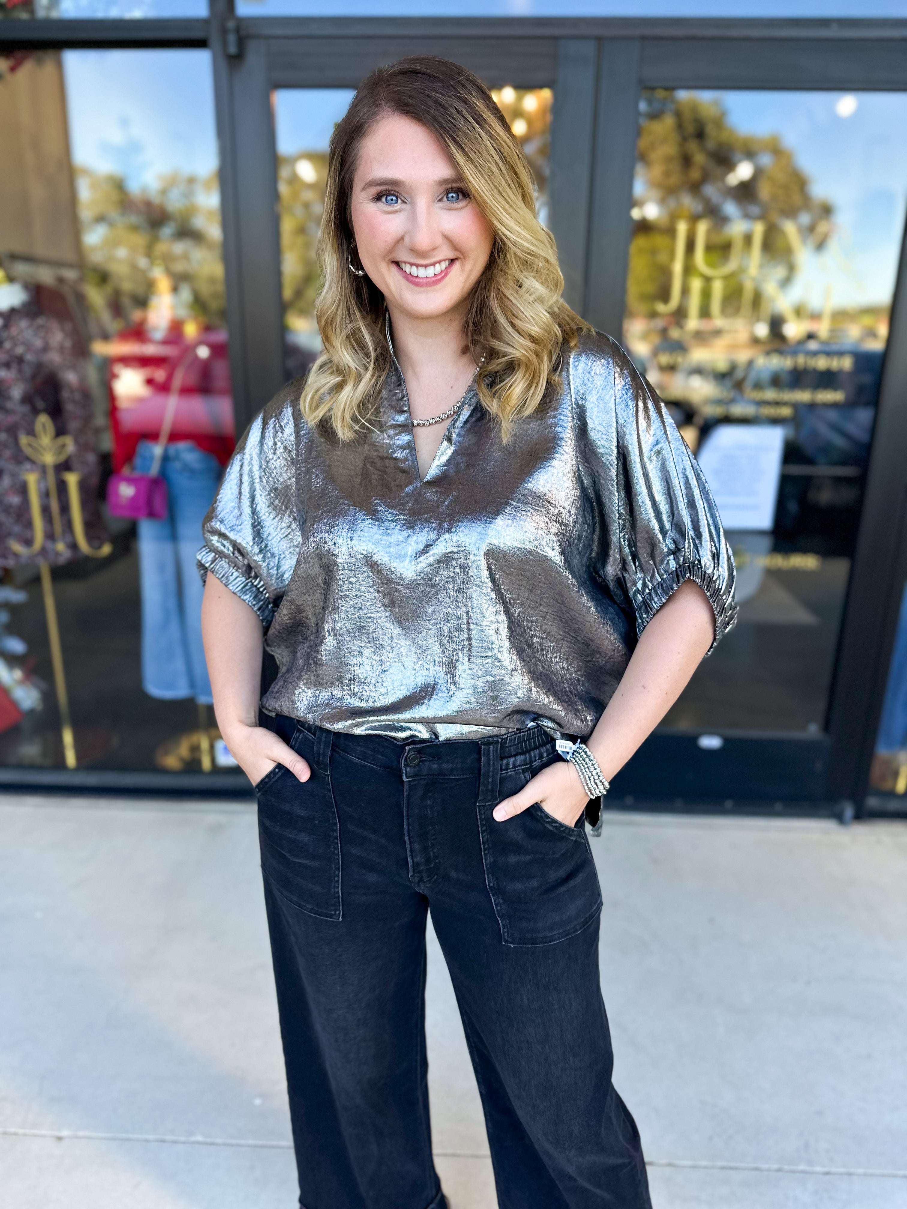 Celebration Blouse - Chrome-200 Fashion Blouses-ENTRO-July & June Women's Fashion Boutique Located in San Antonio, Texas