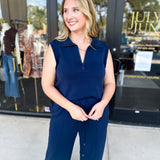 Soft Modal Zip Sleeveless Top - Navy - RESTOCK-210 Casual Blouses-SKIES ARE BLUE-July & June Women's Fashion Boutique Located in San Antonio, Texas
