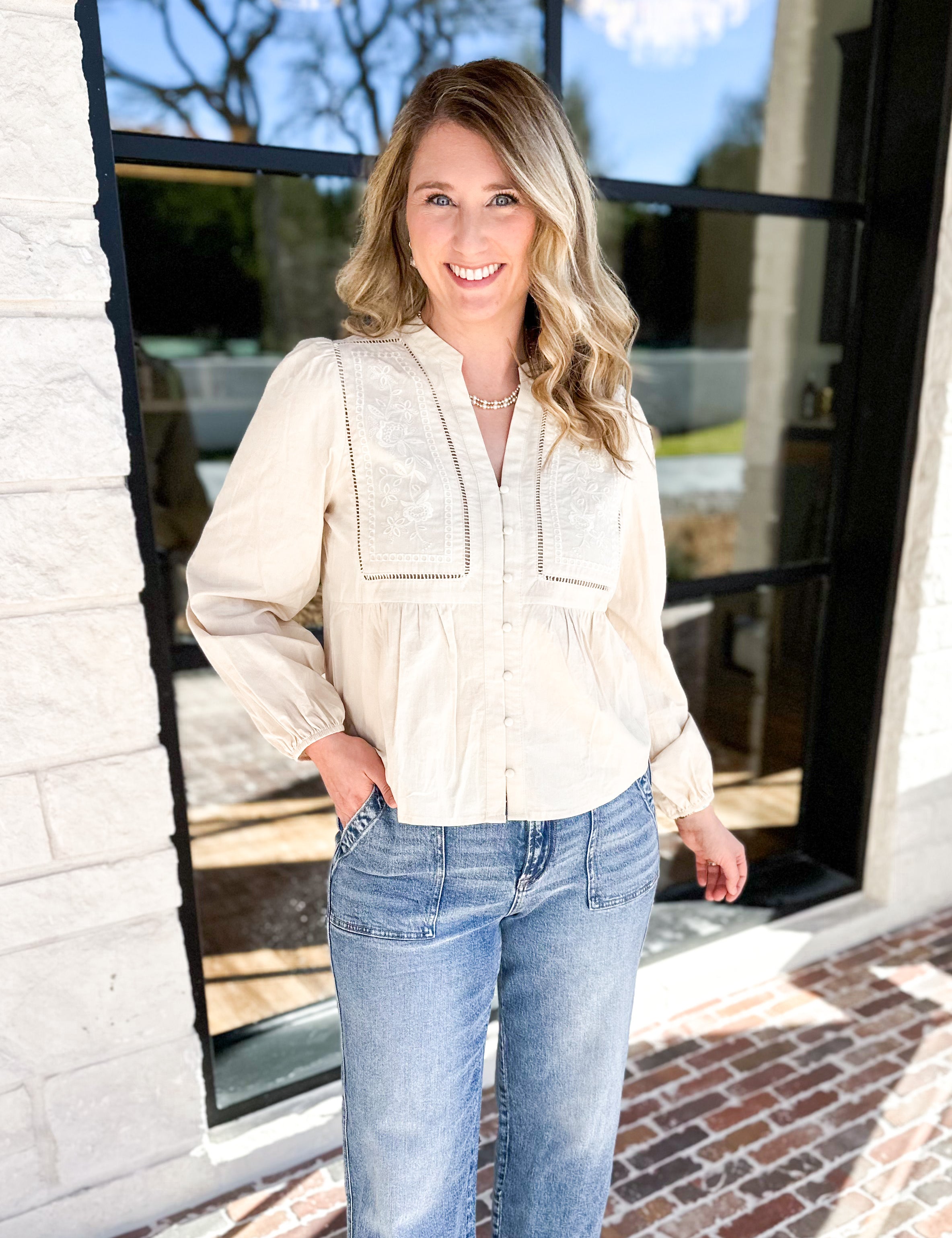 Cream Embroidered Peasant Blouse-200 Fashion Blouses-ABLE-July & June Women's Fashion Boutique Located in San Antonio, Texas