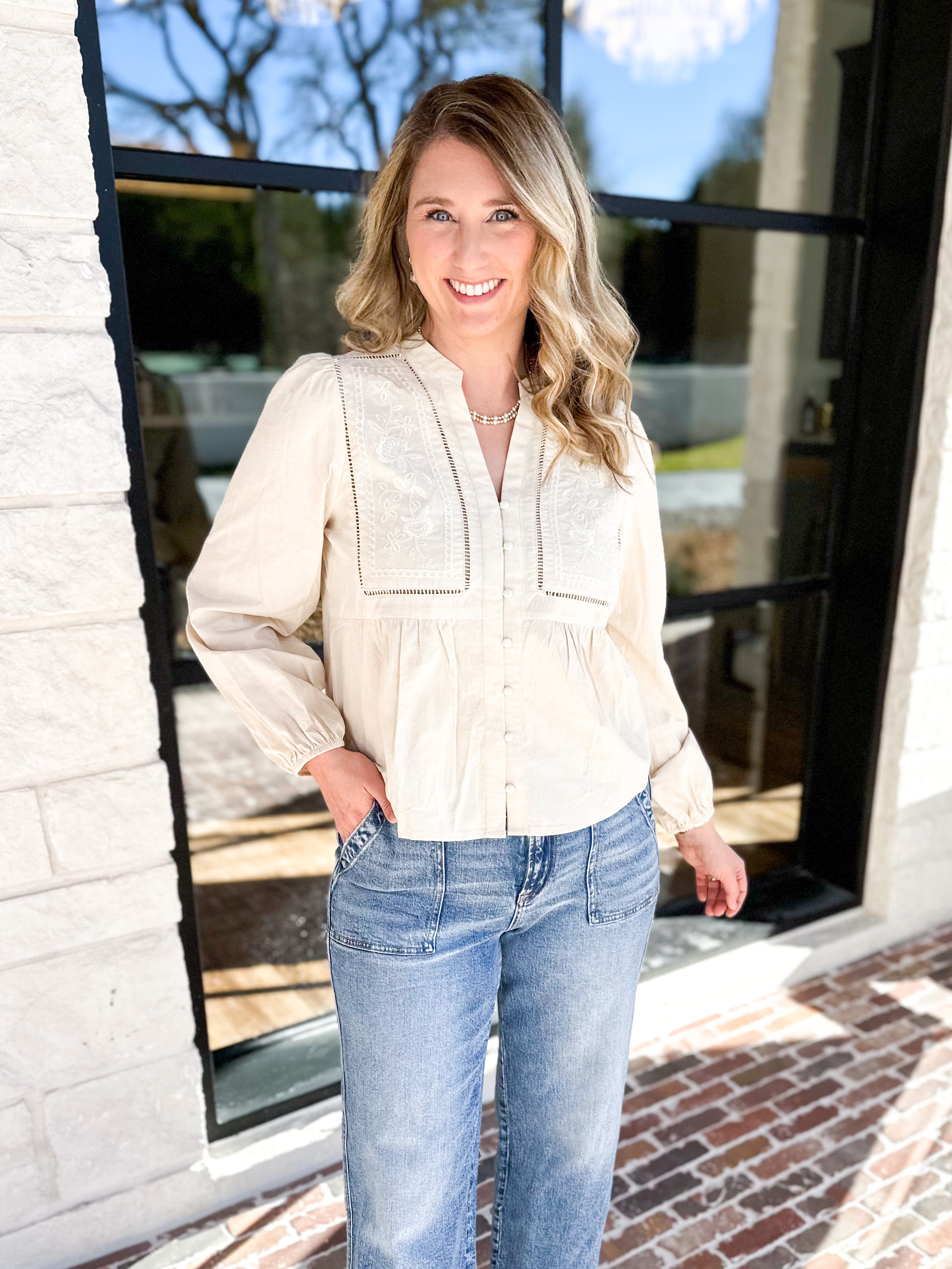Cream Embroidered Peasant Blouse-200 Fashion Blouses-ABLE-July & June Women's Fashion Boutique Located in San Antonio, Texas