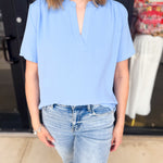 Classic V-Neck Blouse - Light Blue-200 Fashion Blouses-ENTRO-July & June Women's Fashion Boutique Located in San Antonio, Texas