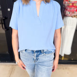Classic V-Neck Blouse - Light Blue-200 Fashion Blouses-ENTRO-July & June Women's Fashion Boutique Located in San Antonio, Texas