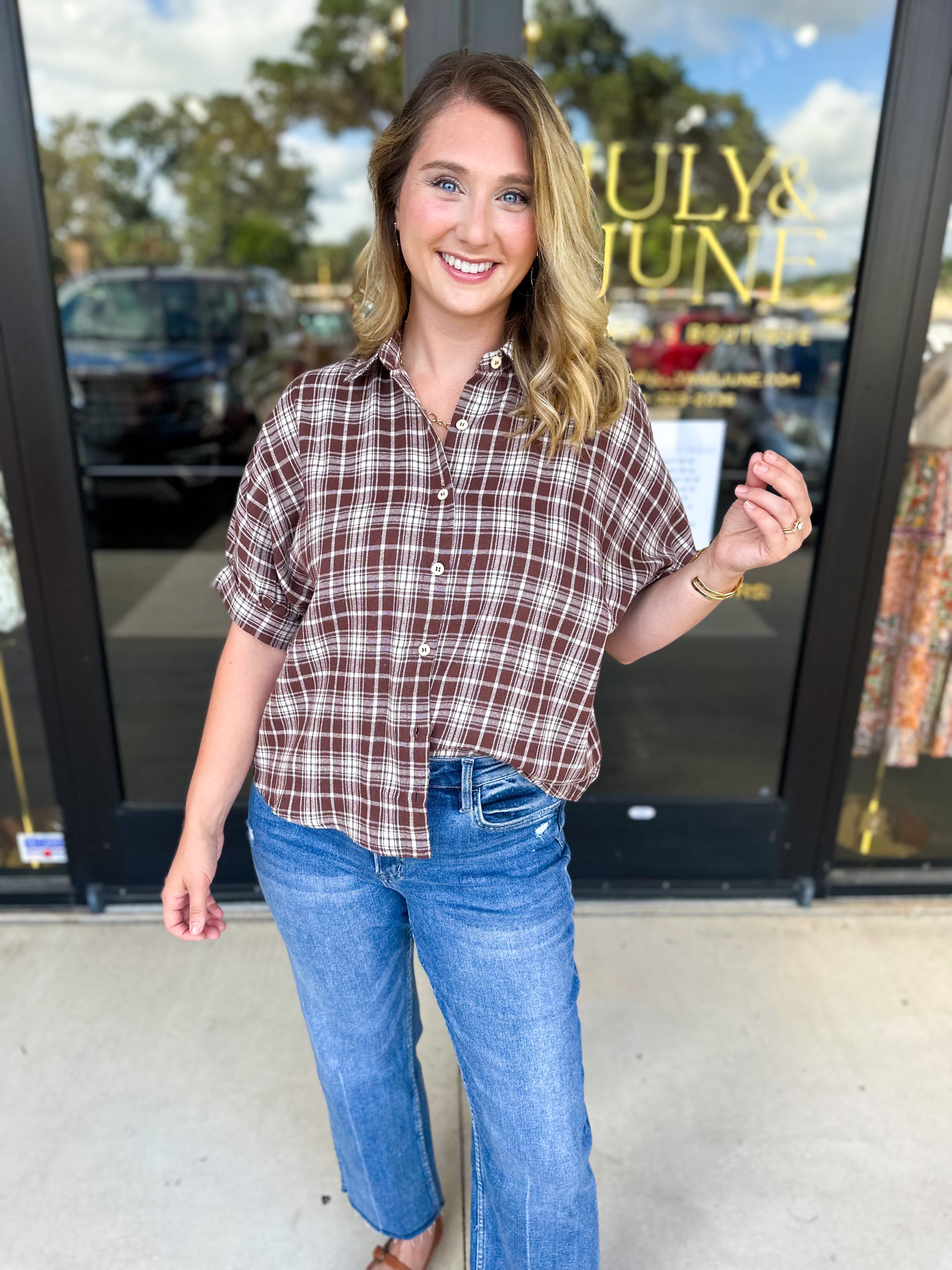 Brown Flannel Blouse-200 Fashion Blouses-POLOGRAM-July & June Women's Fashion Boutique Located in San Antonio, Texas