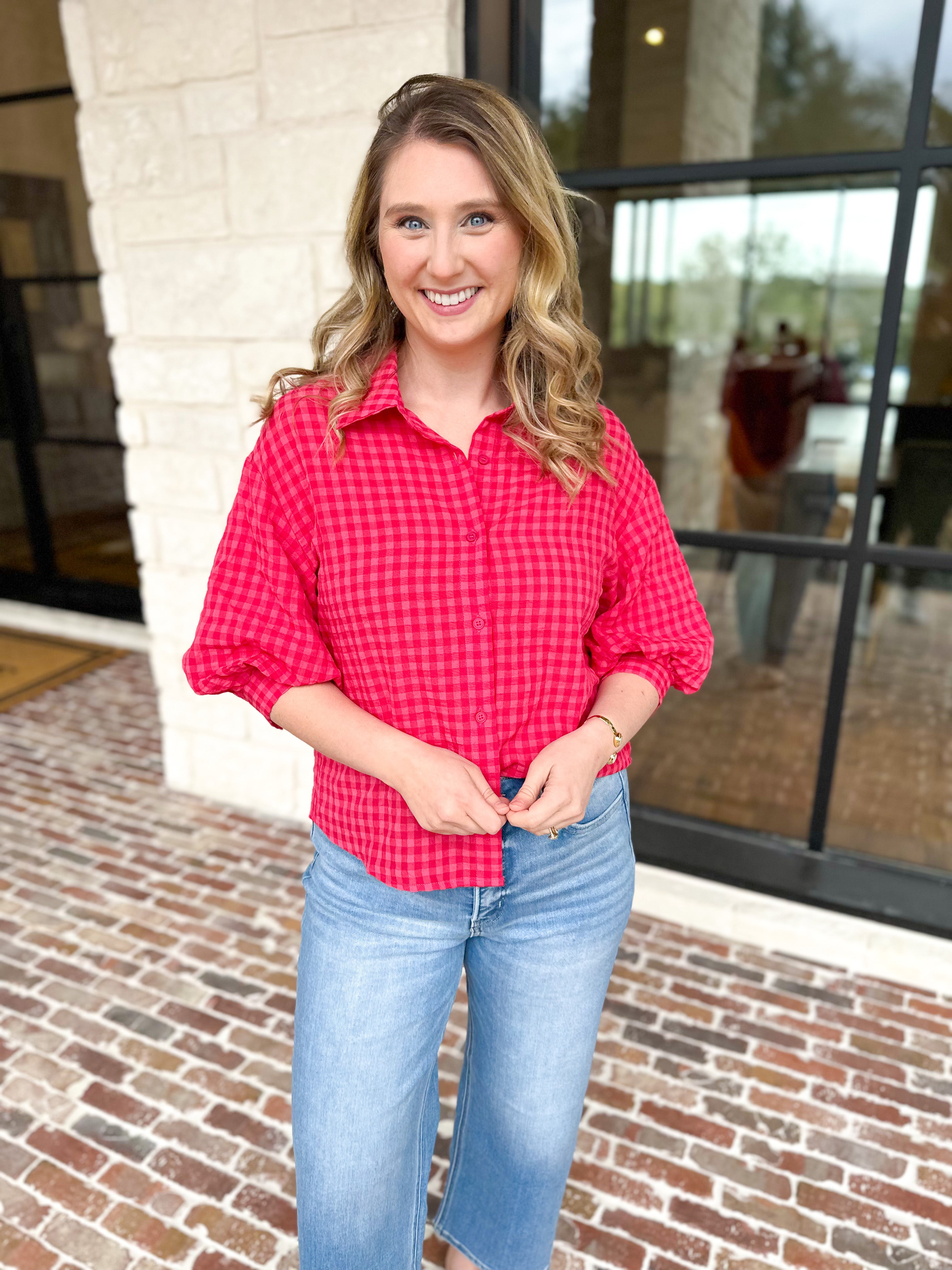 Red & Pink Gingham Button Down Top-200 Fashion Blouses-DAY + MOON-July & June Women's Fashion Boutique Located in San Antonio, Texas
