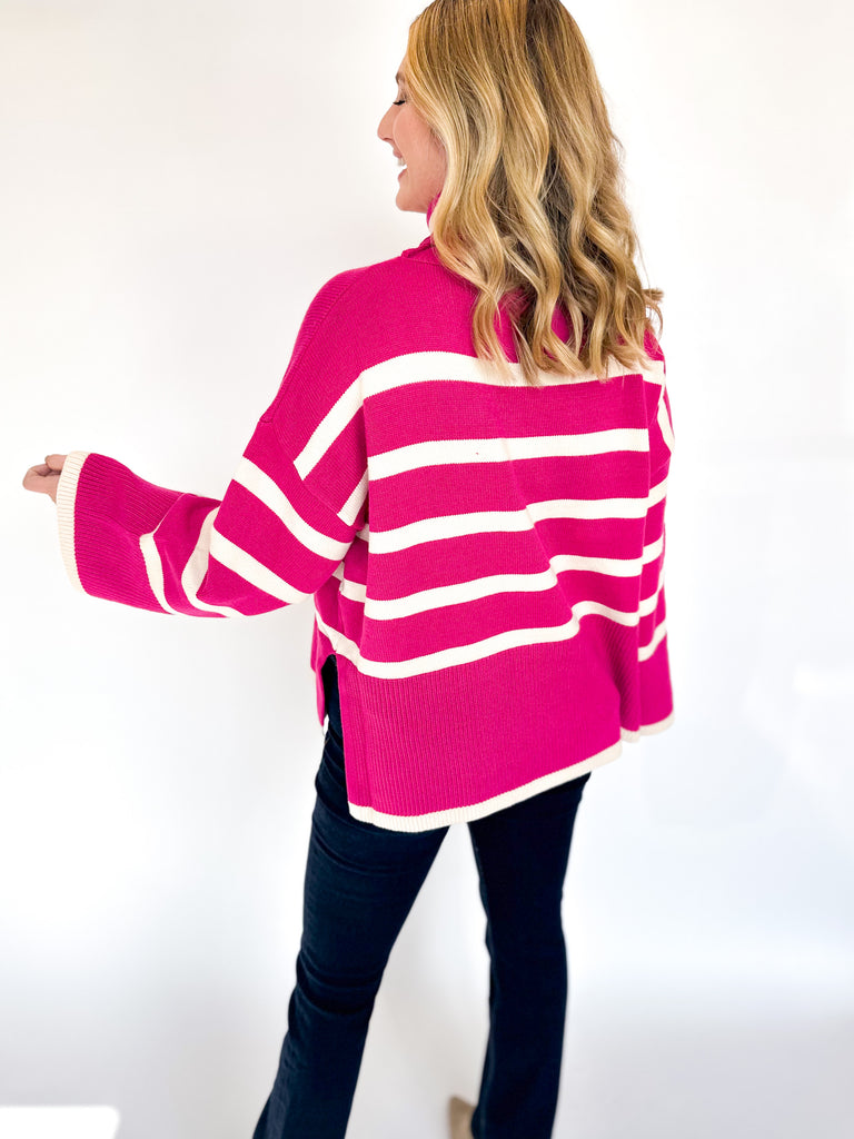 Chic Striped Turtleneck Sweater- Hot Pink-230 Sweaters/Cardis-ENTRO-July & June Women's Fashion Boutique Located in San Antonio, Texas
