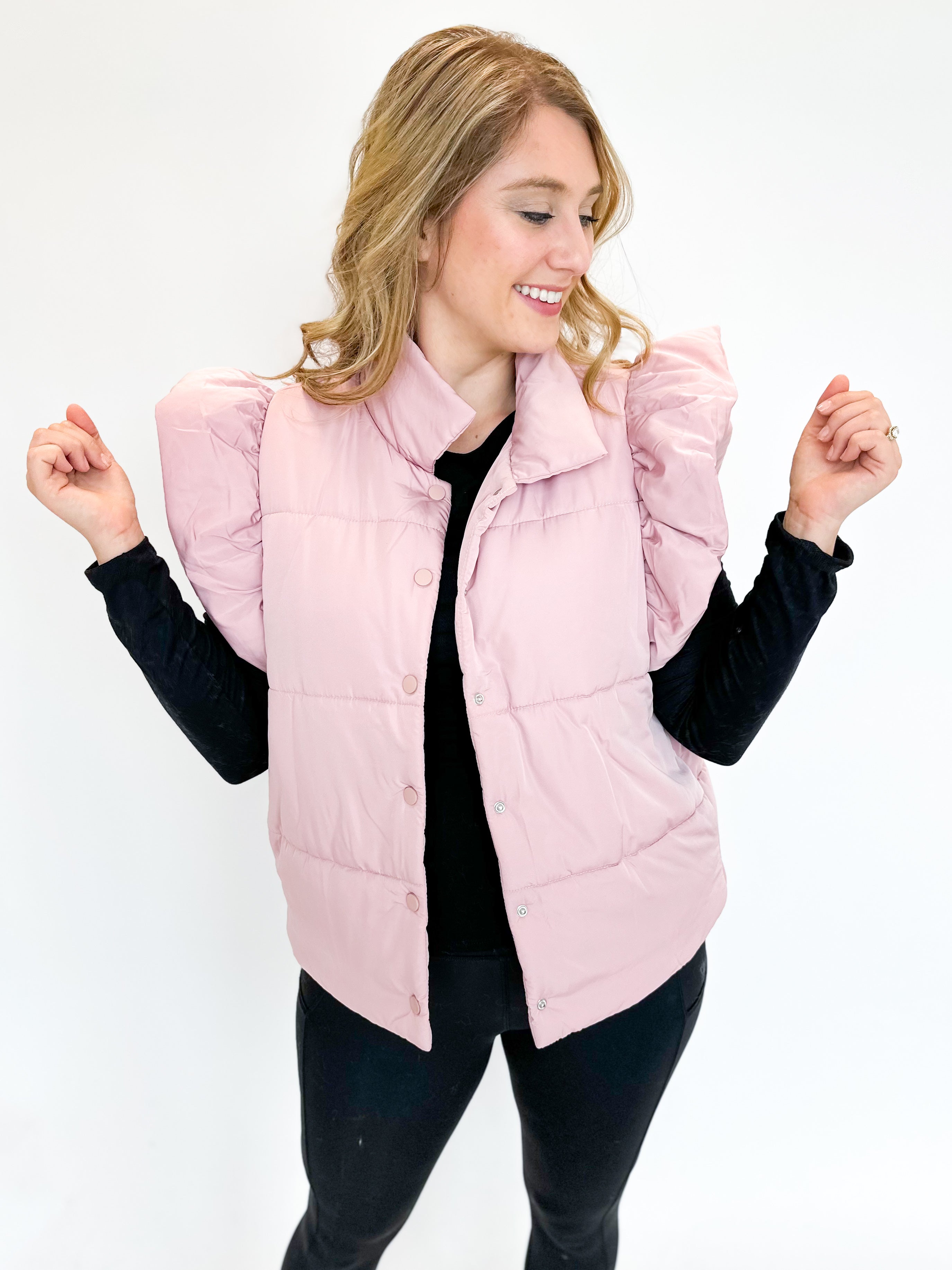 Ruffle Puffer Vest - Pink-600 Outerwear-ENTRO-July & June Women's Fashion Boutique Located in San Antonio, Texas