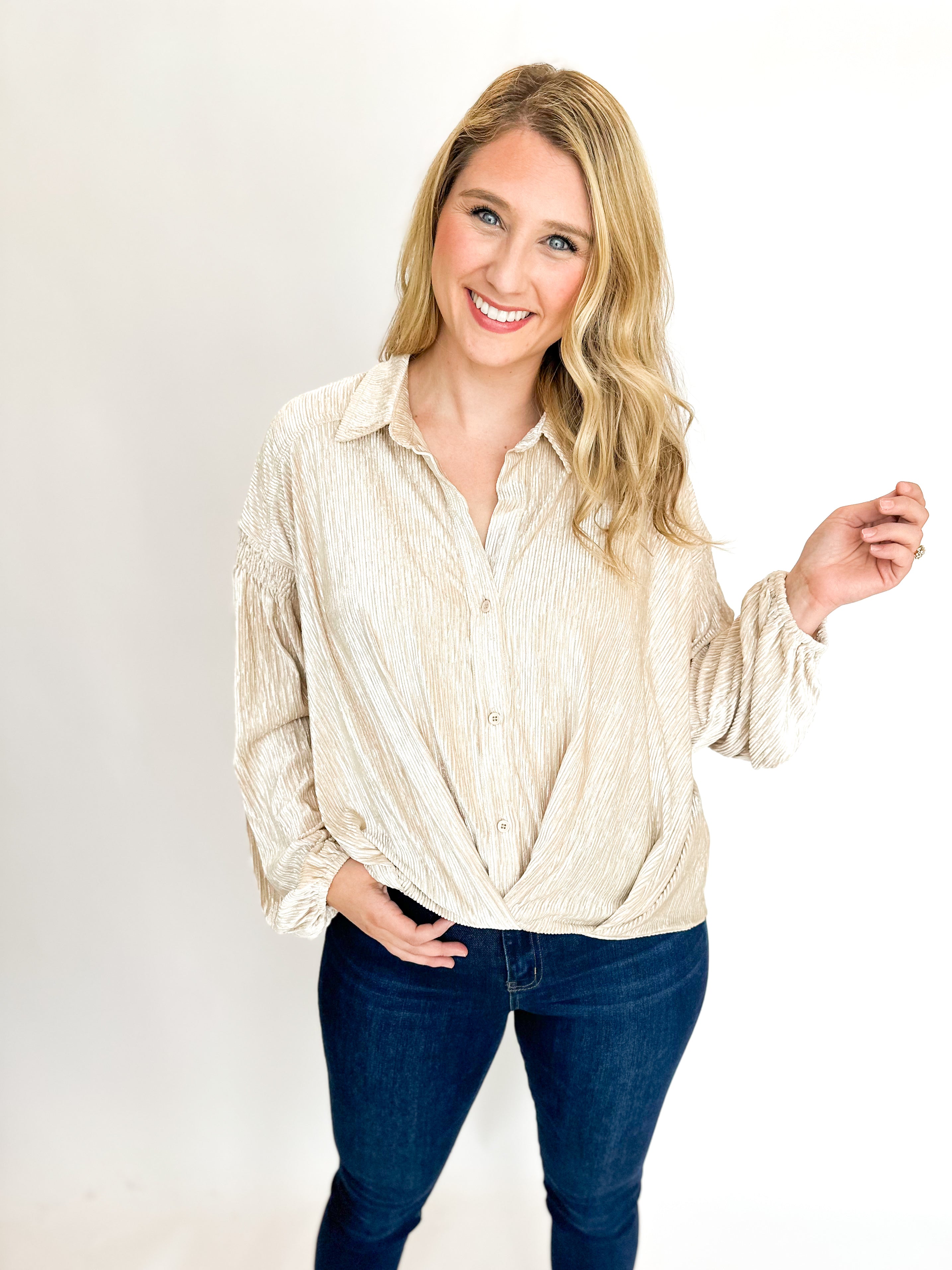 Textured Velvet Blouse - Cream-200 Fashion Blouses-SKIES ARE BLUE-July & June Women's Fashion Boutique Located in San Antonio, Texas