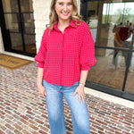 Red & Pink Gingham Button Down Top-200 Fashion Blouses-DAY + MOON-July & June Women's Fashion Boutique Located in San Antonio, Texas
