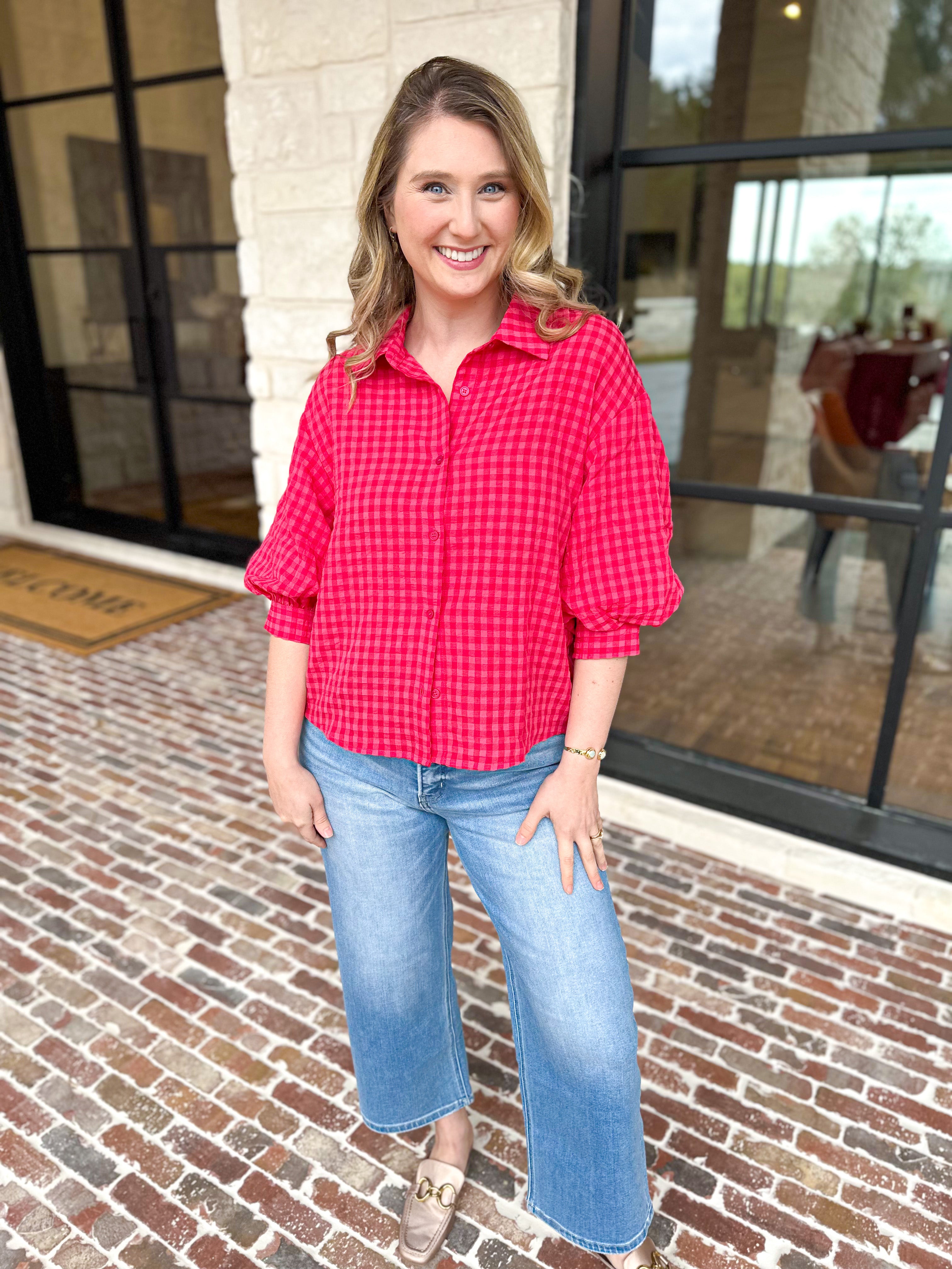 Red & Pink Gingham Button Down Top-200 Fashion Blouses-DAY + MOON-July & June Women's Fashion Boutique Located in San Antonio, Texas