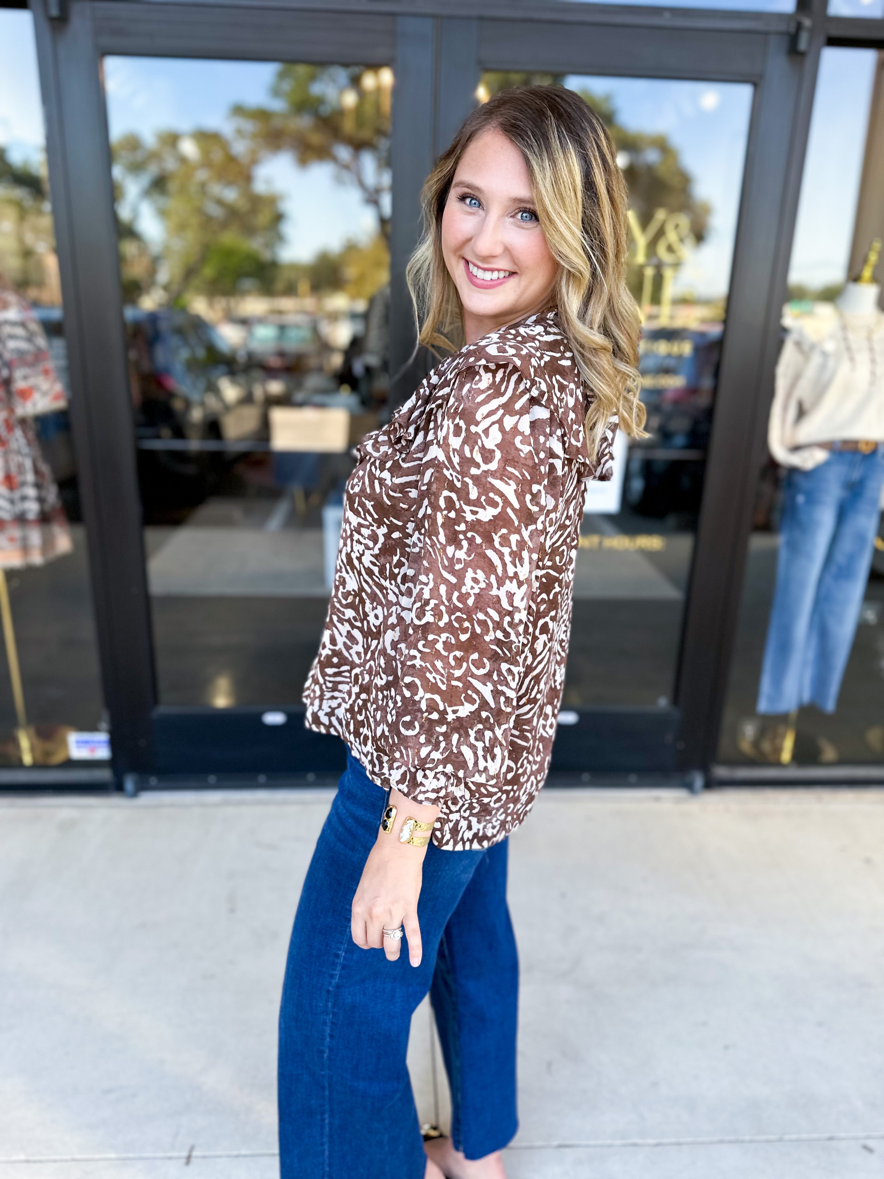 Mocha Cheetah & Ruffle Blouse-200 Fashion Blouses-FATE-July & June Women's Fashion Boutique Located in San Antonio, Texas
