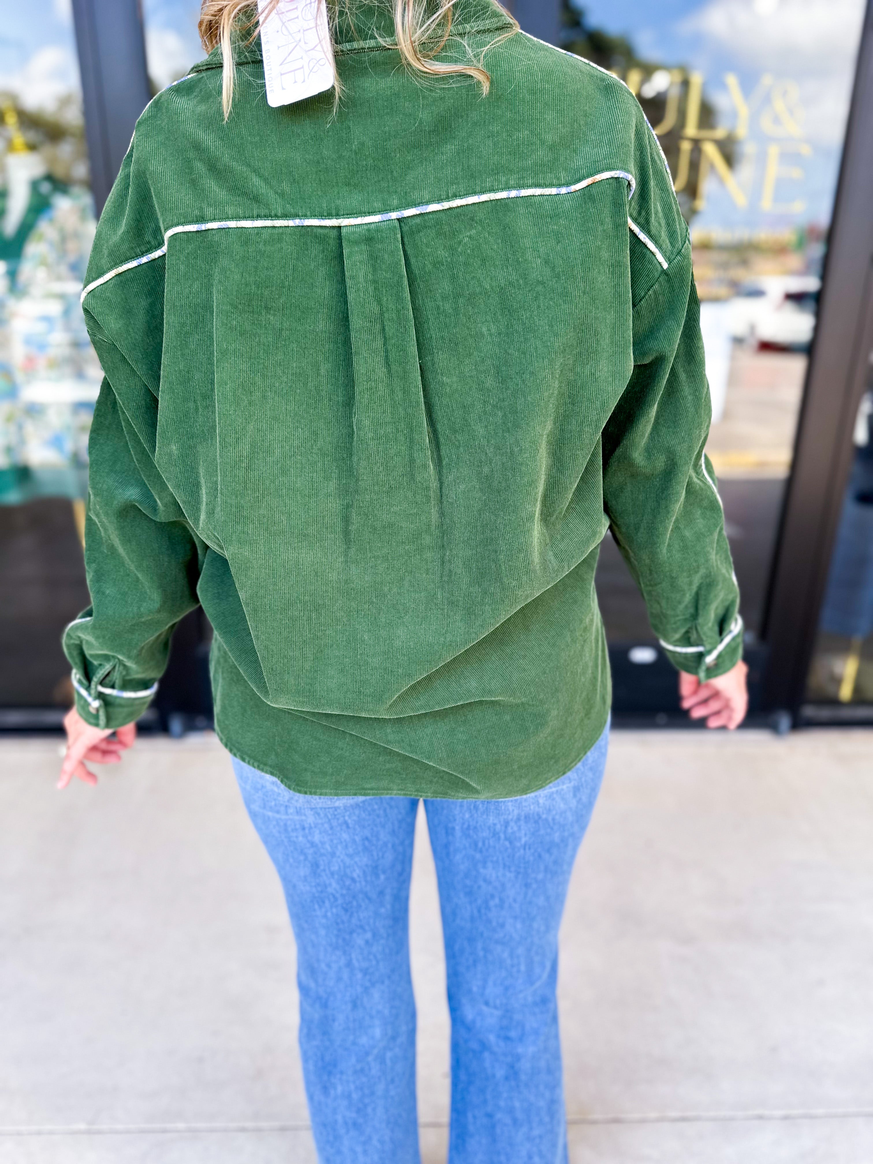 Pine Green Button Down Top-200 Fashion Blouses-JODIFL-July & June Women's Fashion Boutique Located in San Antonio, Texas