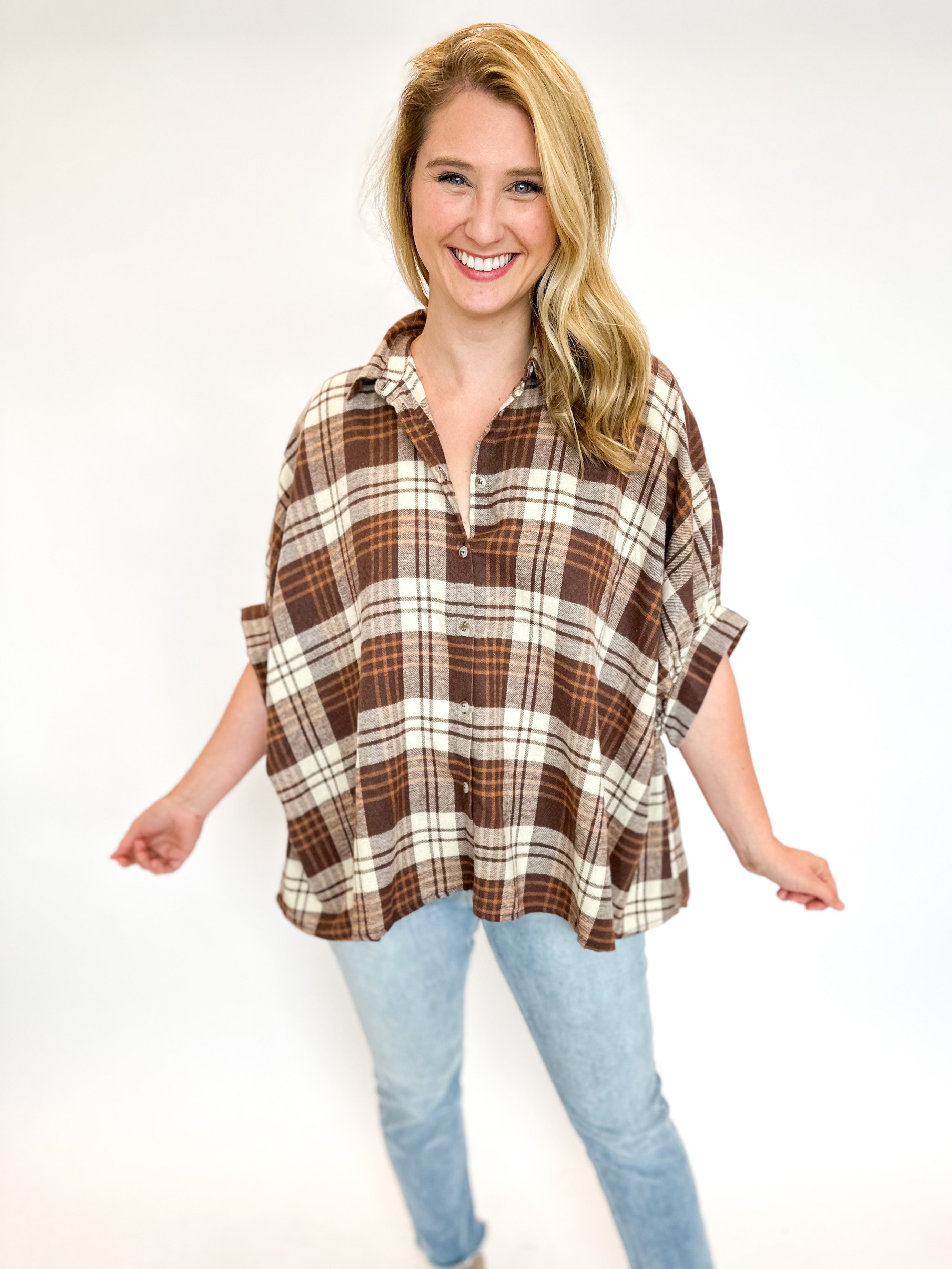 Mocha & Rust Fall Flannel Blouse-200 Fashion Blouses-DAY + MOON-July & June Women's Fashion Boutique Located in San Antonio, Texas