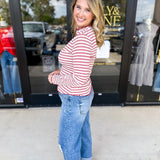 Stripe Mock Neck Long Sleeve - Marsala-210 Casual Blouses-POLOGRAM-July & June Women's Fashion Boutique Located in San Antonio, Texas