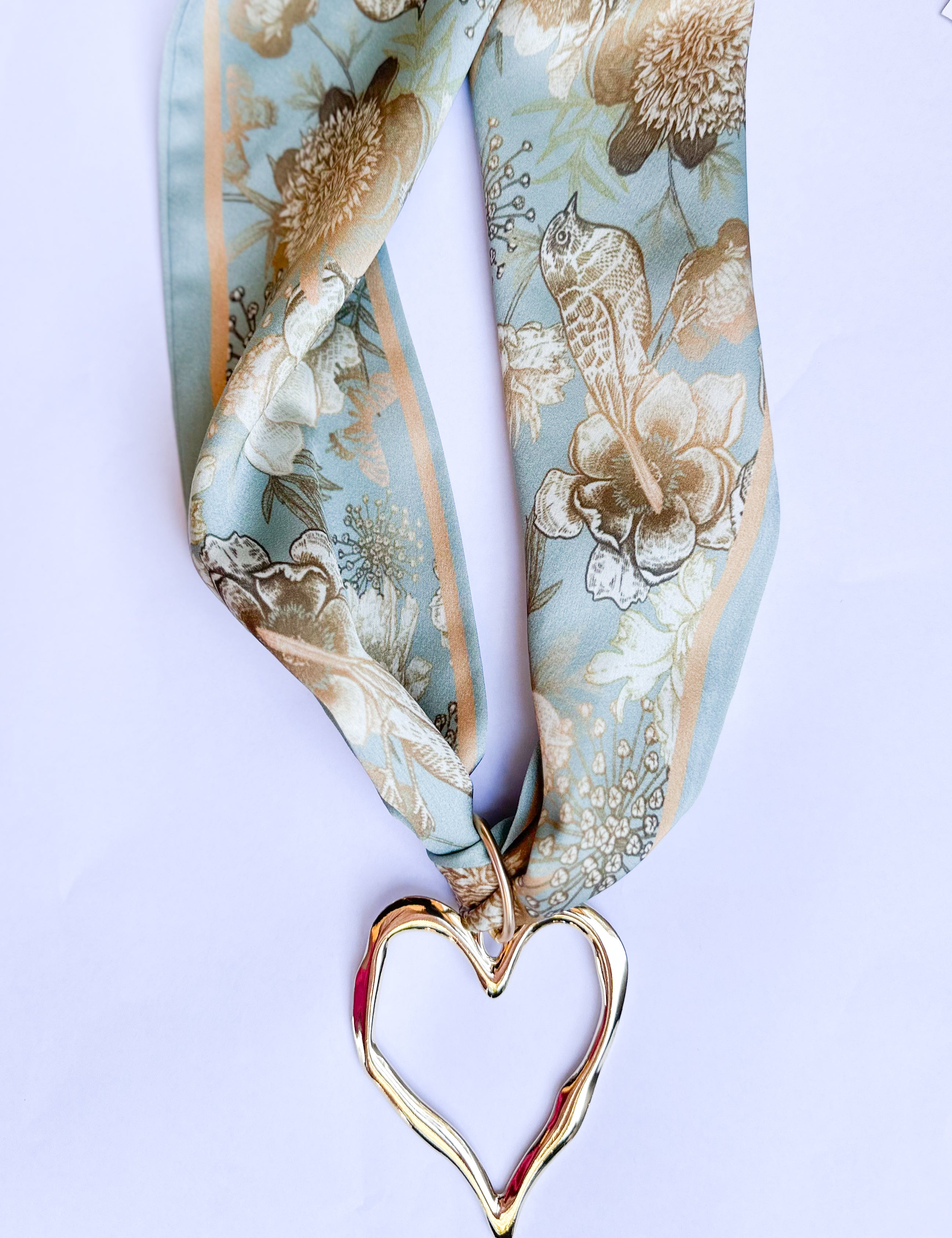 Scarf Necklace - Light Sage & Vintage Floral Large Heart-110 Jewelry & Hair-HART DESIGNS-July & June Women's Fashion Boutique Located in San Antonio, Texas