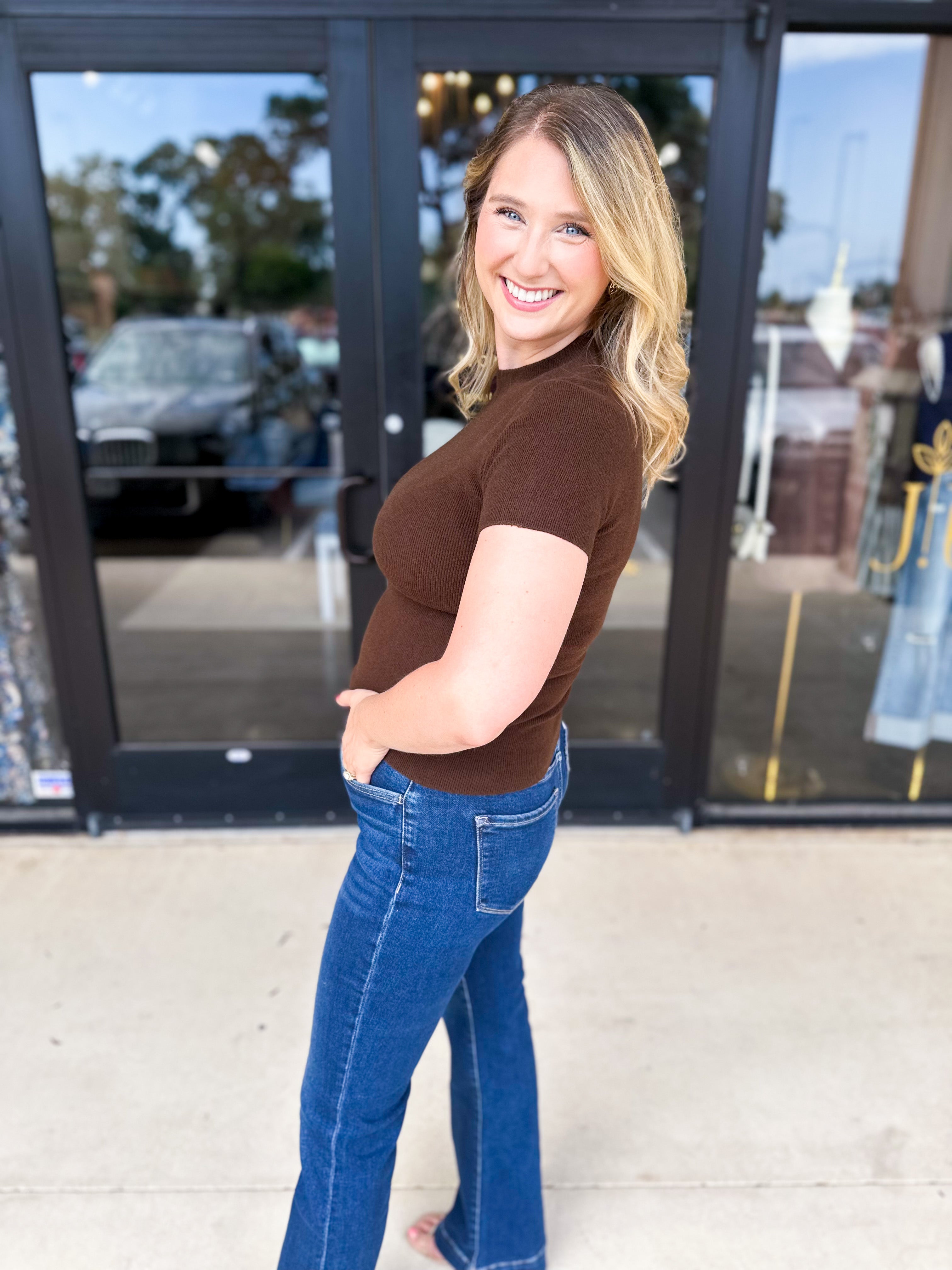 Chic Comfy Mock Neck Top - Chocolate-210 Casual Blouses-SKIES ARE BLUE-July & June Women's Fashion Boutique Located in San Antonio, Texas