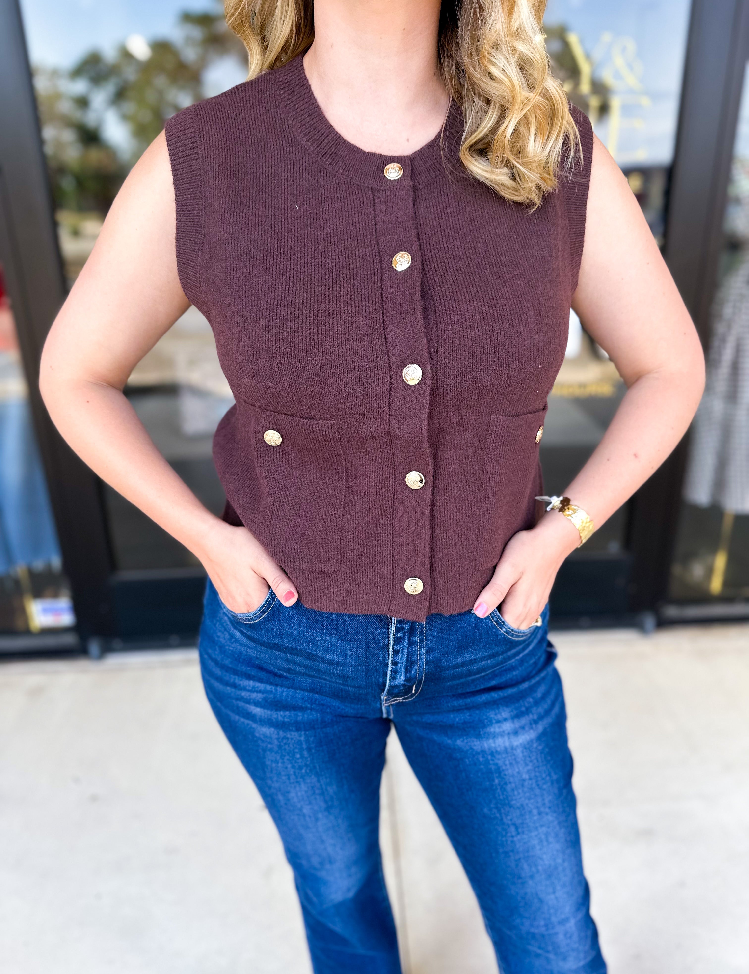 Classic Chic Knit Vest - Brown-230 Sweaters/Cardis-ENTRO-July & June Women's Fashion Boutique Located in San Antonio, Texas