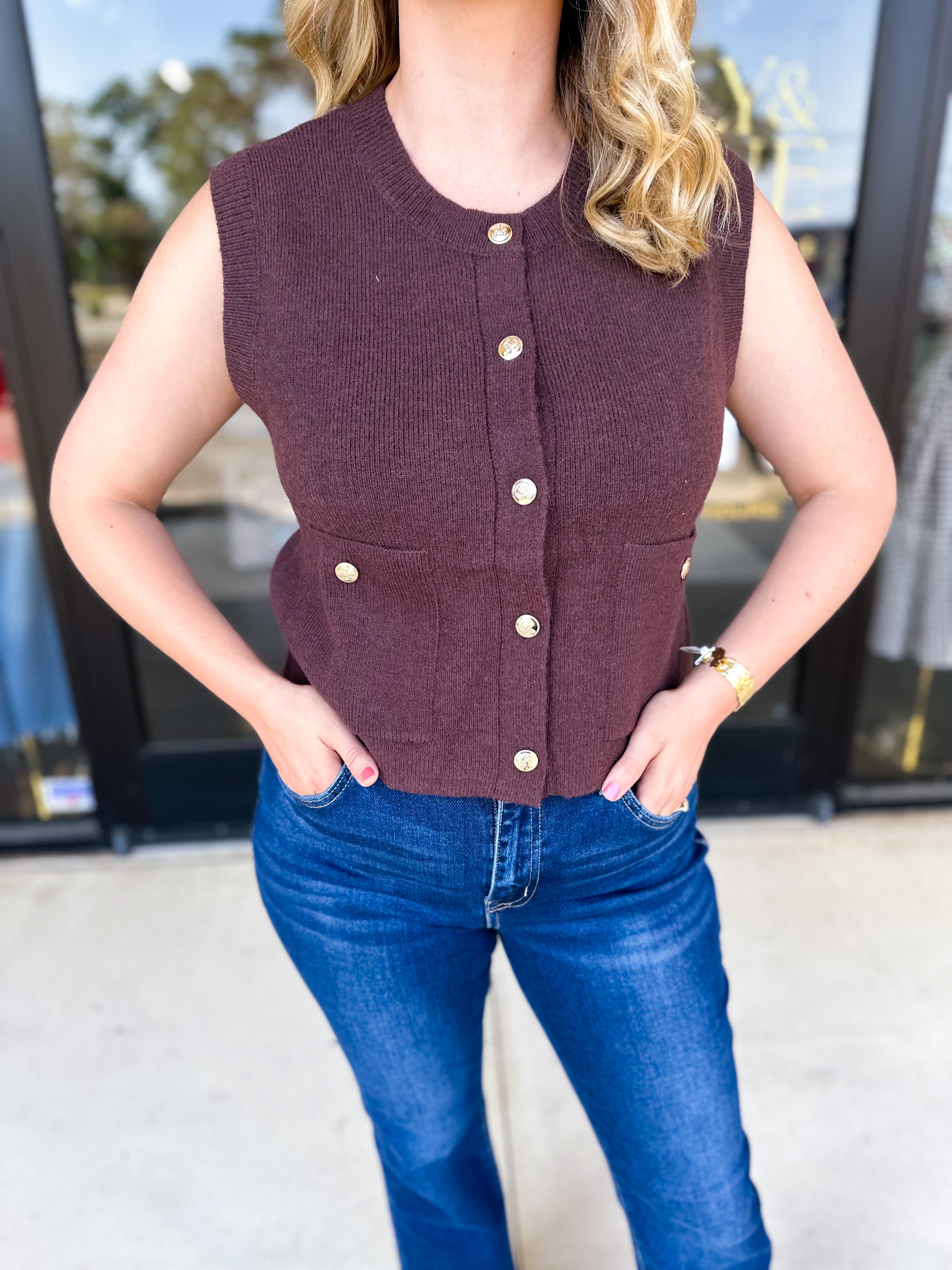 Classic Chic Knit Vest - Brown-230 Sweaters/Cardis-ENTRO-July & June Women's Fashion Boutique Located in San Antonio, Texas