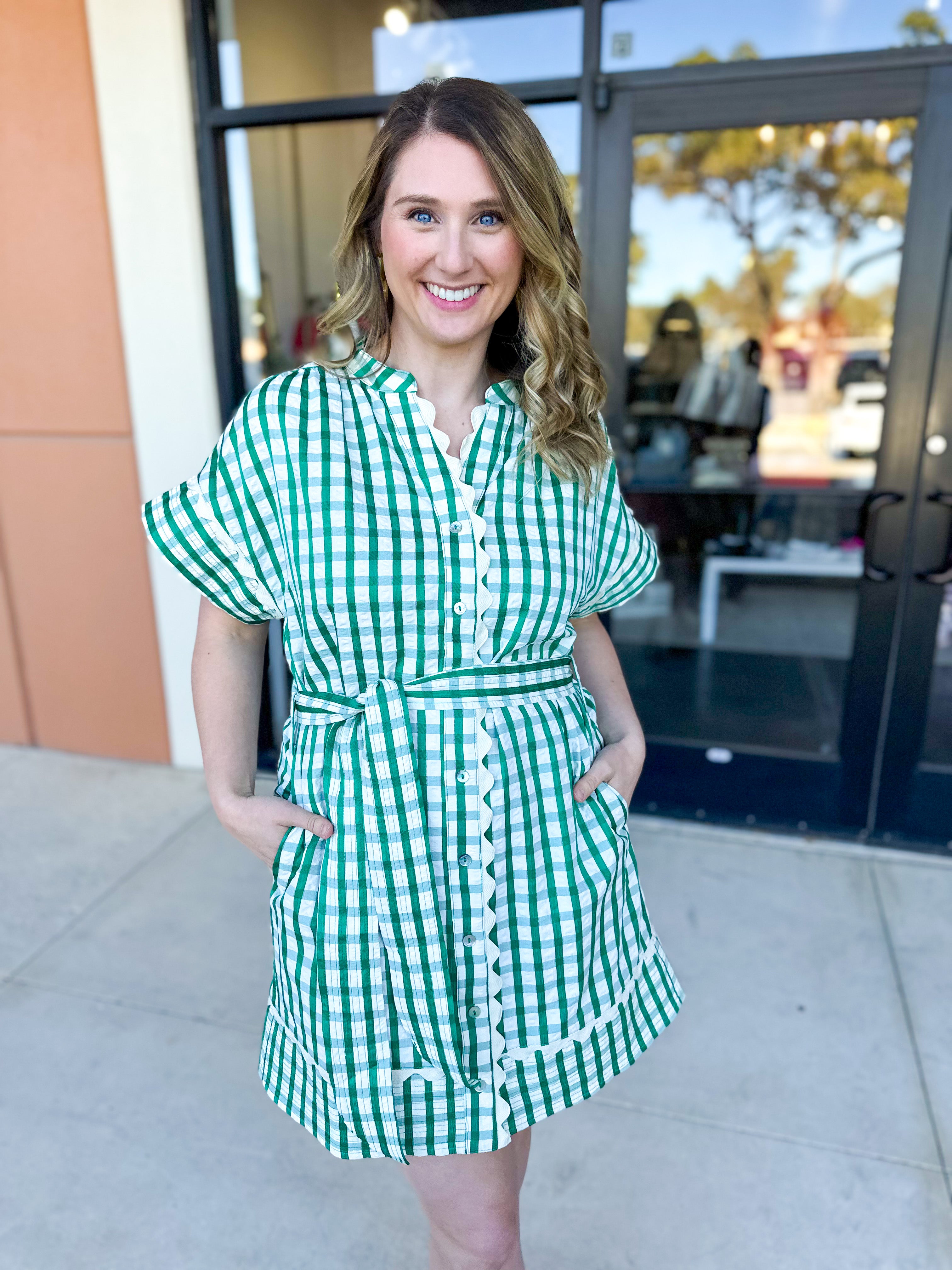THML - Kelly Green Gingham Mini Dress-510 Mini-THML-July & June Women's Fashion Boutique Located in San Antonio, Texas