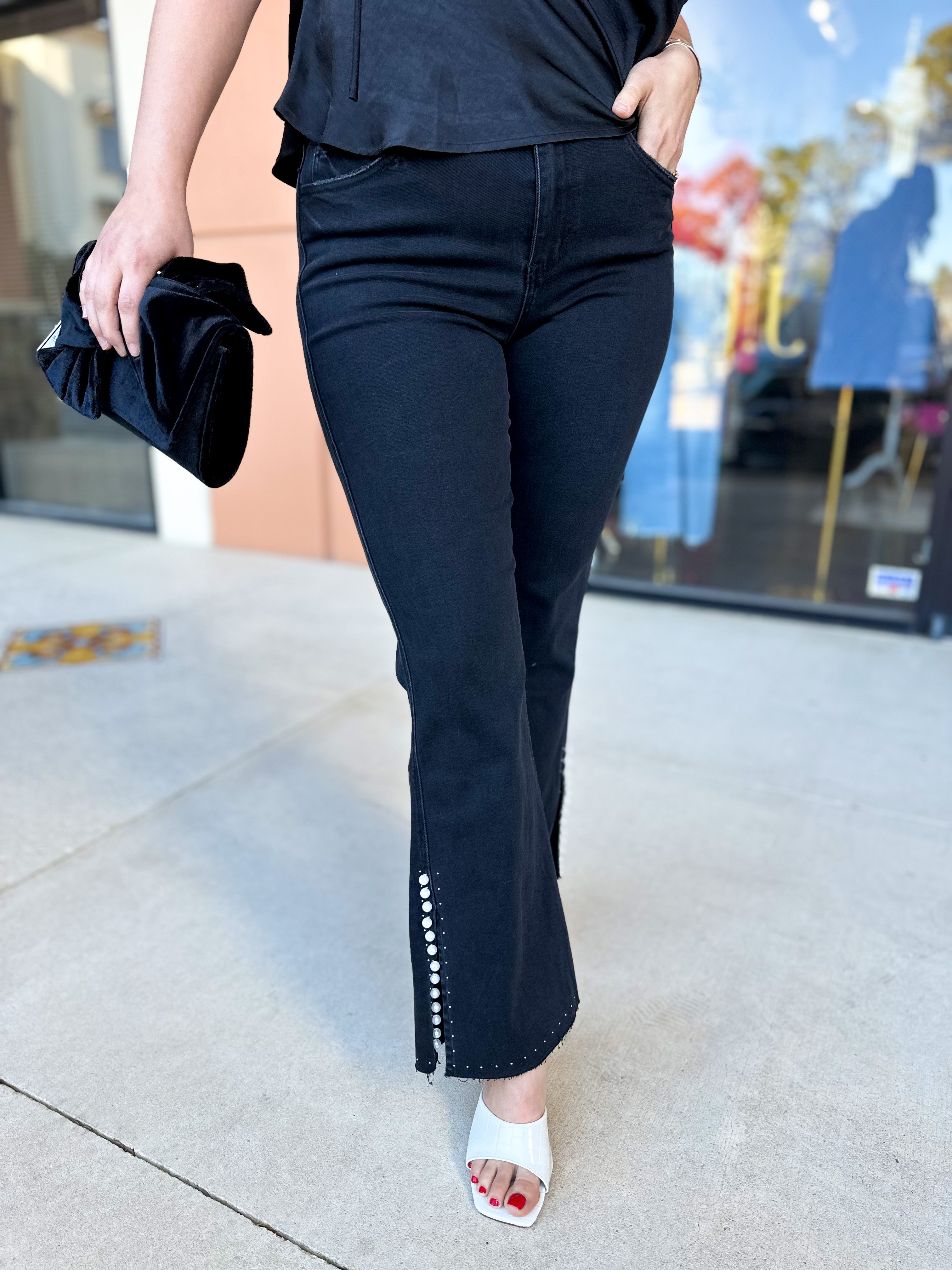 Vervet - High Rise Black & Pearl Studded Bootcut Jeans-400 Pants-VEVERT BY FLYING MONKEY-July & June Women's Fashion Boutique Located in San Antonio, Texas