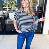 Striped Round Neck Tee - Olive-210 Casual Blouses-POLOGRAM-July & June Women's Fashion Boutique Located in San Antonio, Texas