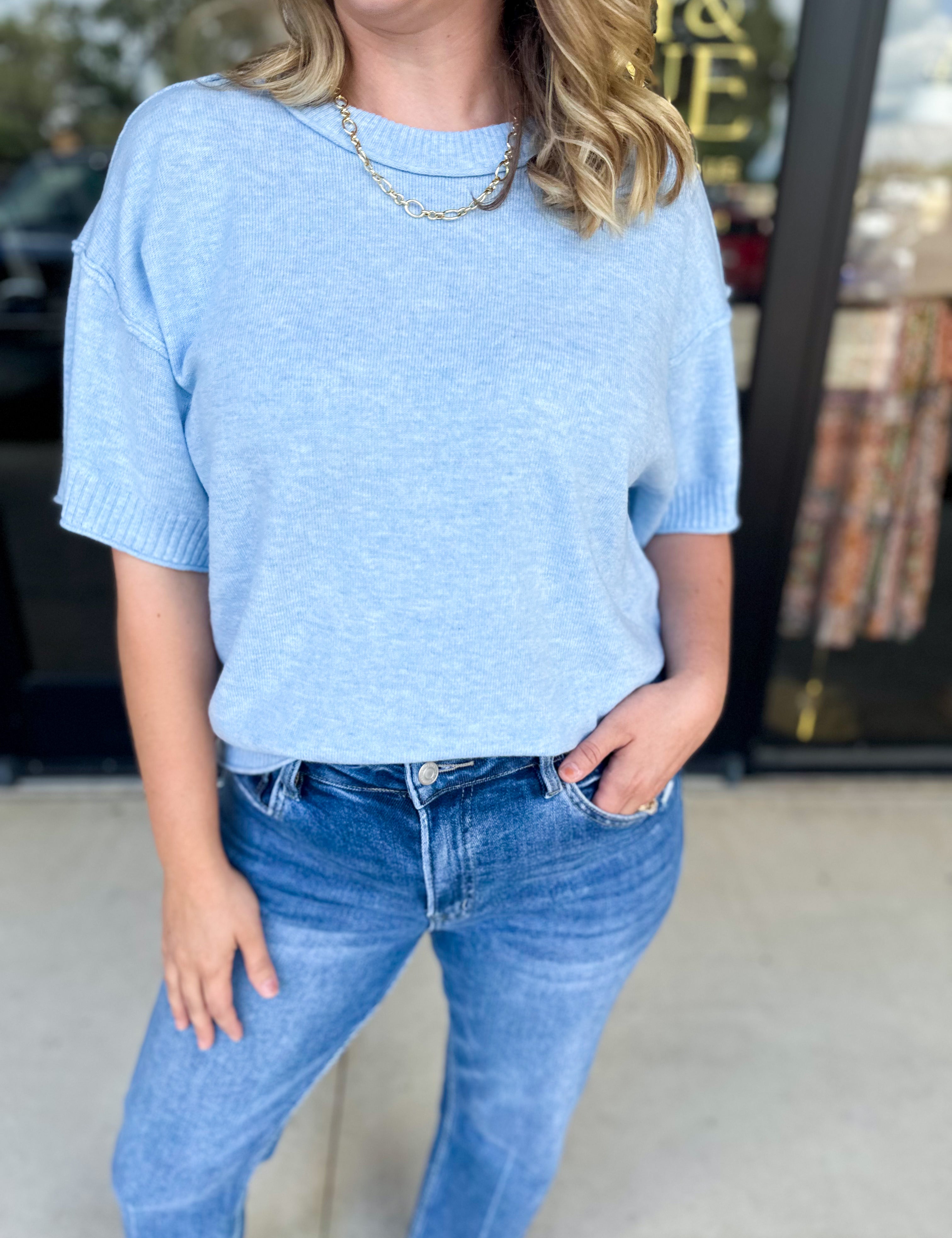 The Ella Knit Sweater Top - Powder Blue-230 Sweaters/Cardis-JODIFL-July & June Women's Fashion Boutique Located in San Antonio, Texas