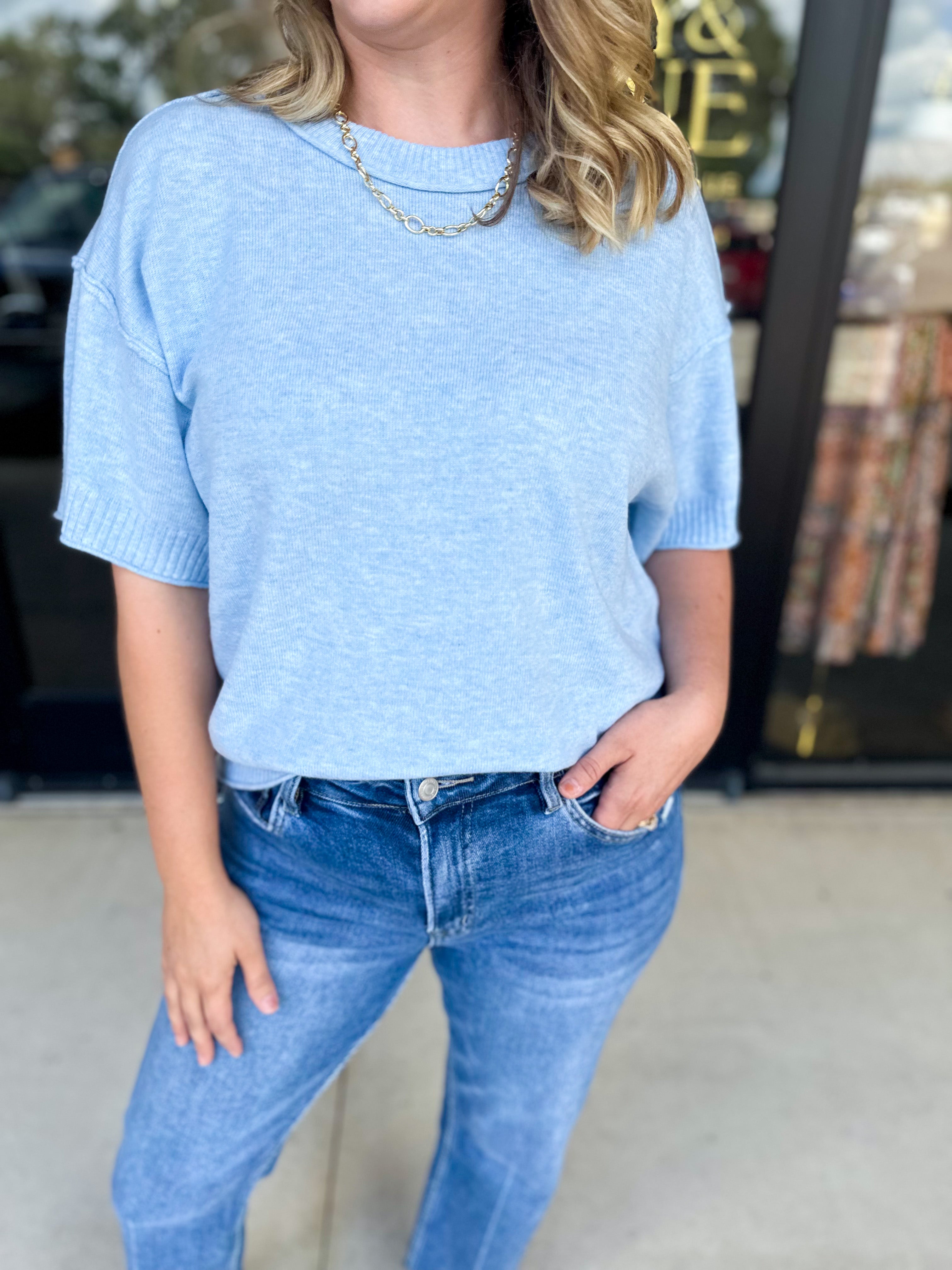 The Ella Knit Sweater Top - Powder Blue-230 Sweaters/Cardis-JODIFL-July & June Women's Fashion Boutique Located in San Antonio, Texas