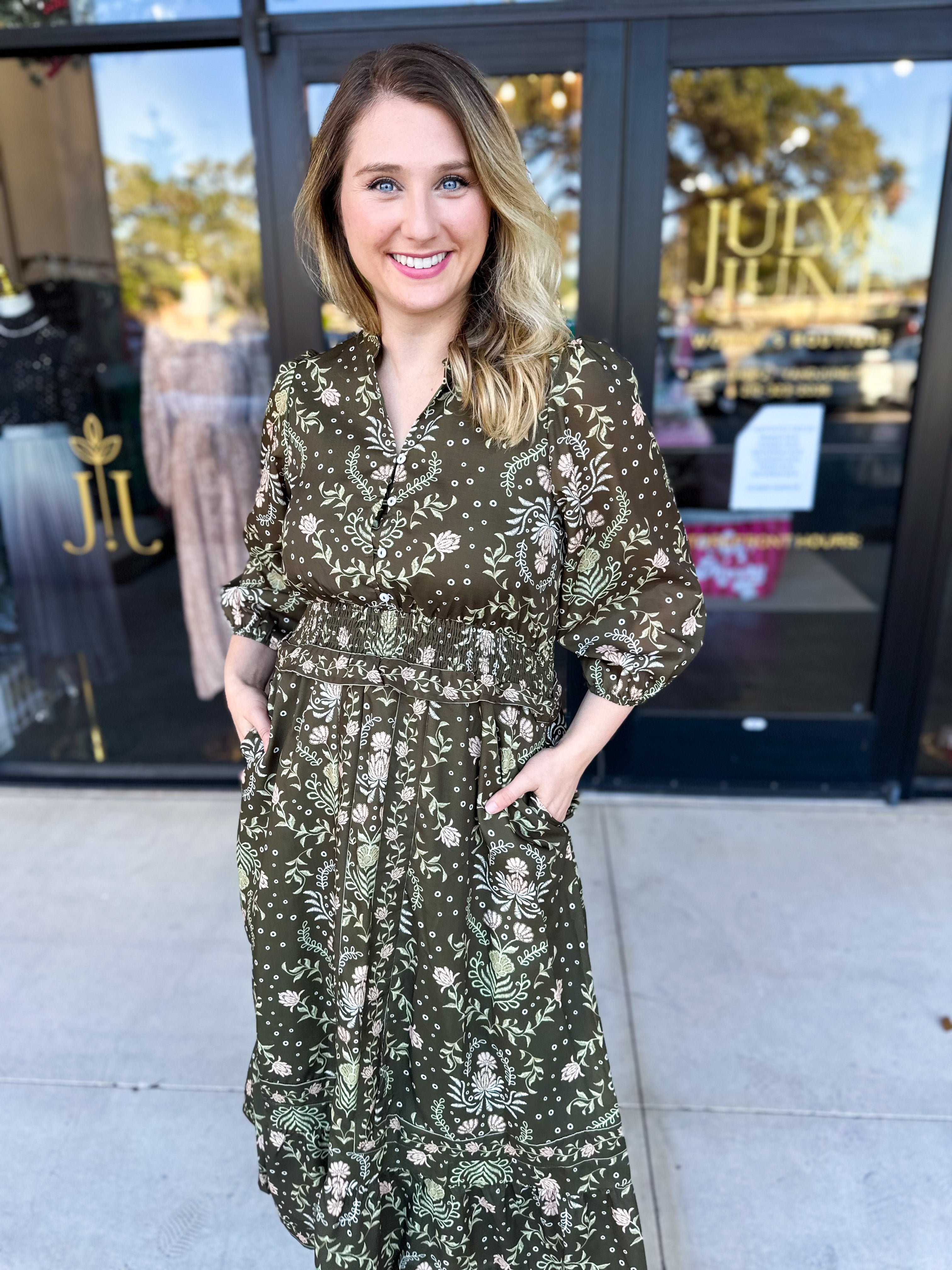 Enchanted Floral Midi Dress-500 Midi-POLOGRAM-July & June Women's Fashion Boutique Located in San Antonio, Texas